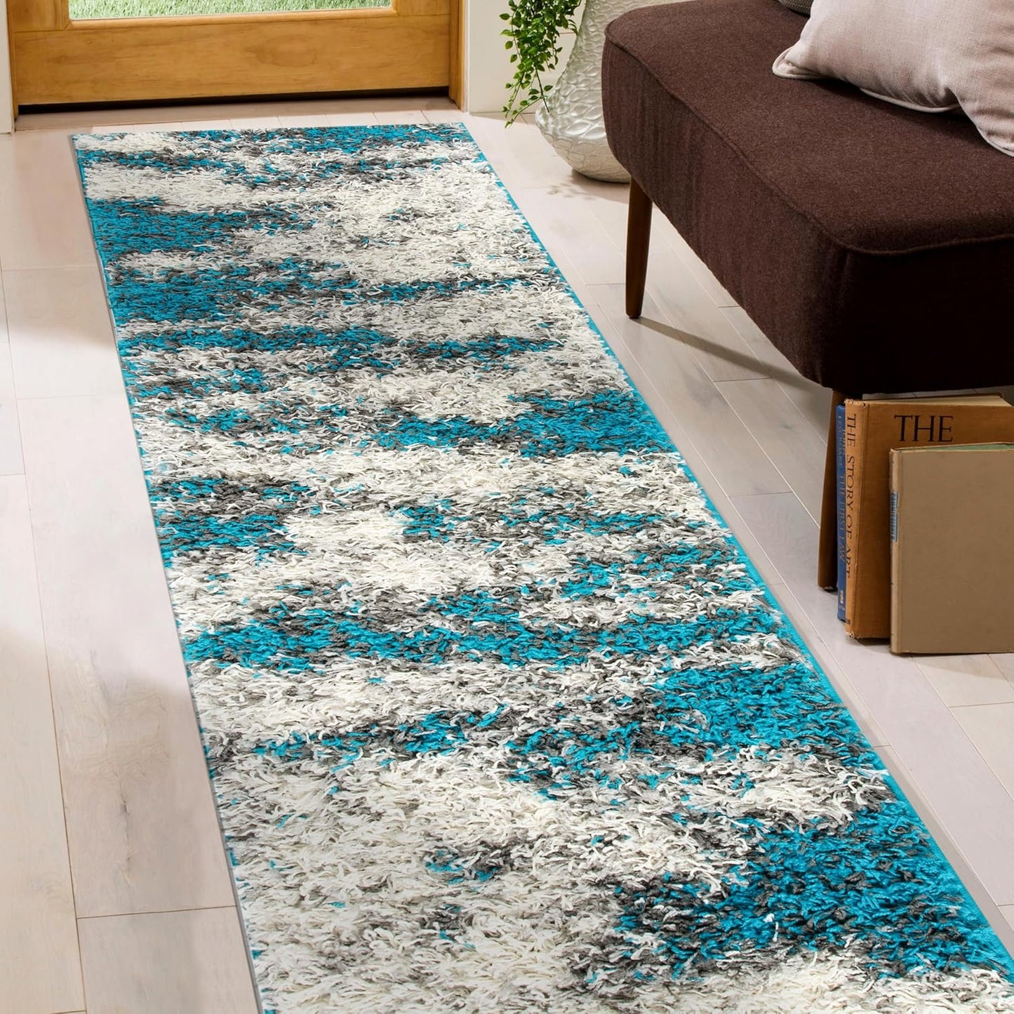 Contemporary Abstract Design Plush Shag Runner Rug 2' X 7' Turquoise