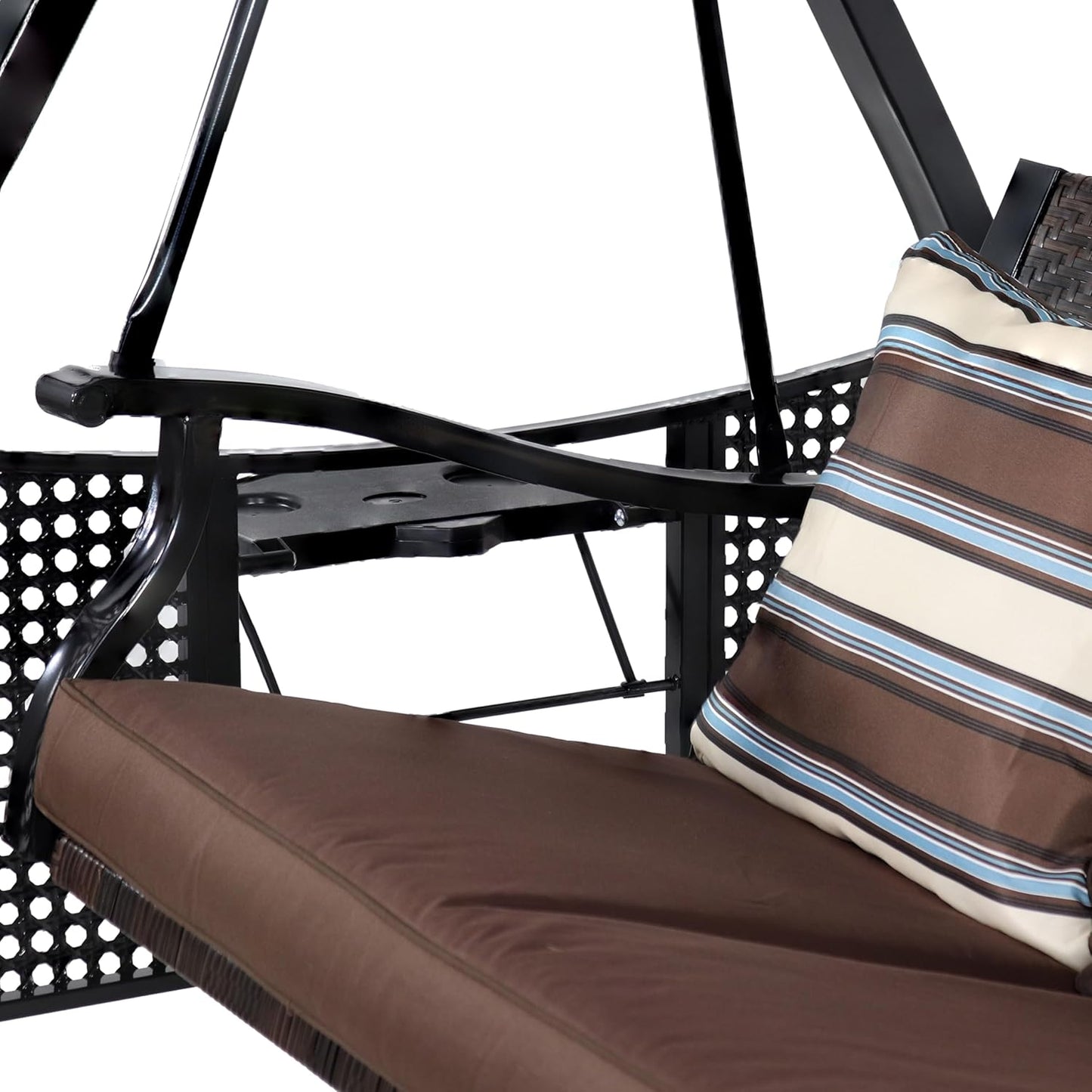 3-Seat Patio Swing with Steel Frame and Canopy - 600-Pound Weight Capacity - Brown Stripe Cushions