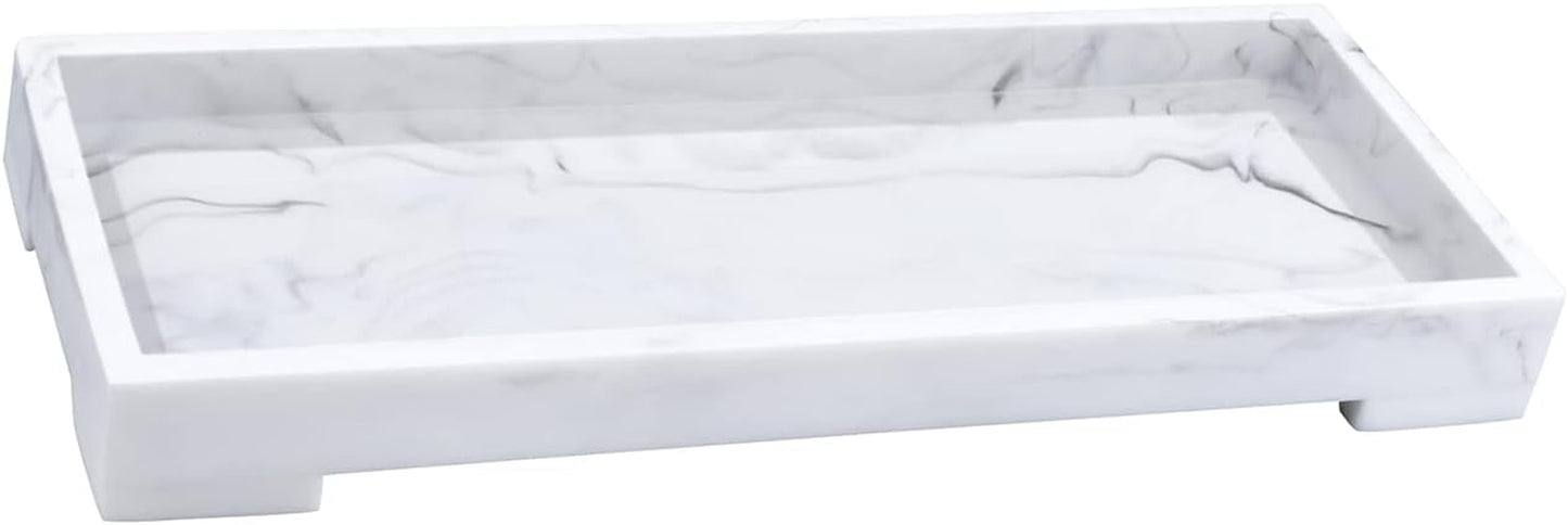 Vanity Toilet Tank Tray, White Elegant Marble Pattern Bathtub Organizer, Bathroom Collector for Small Things, Make-Up Desk, Resin Dresser Jewelry Tray - Medium Size