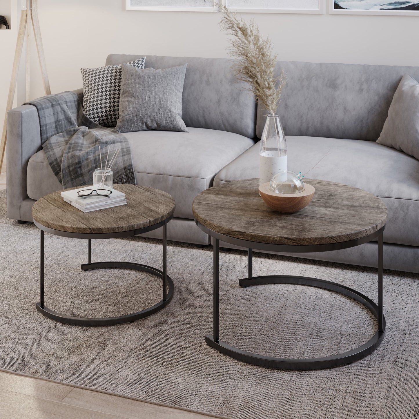 2-Piece round Coffee Table Set - Nesting Tables for Living Room, Side Tables to Use Together or Separately,Gray-Brown