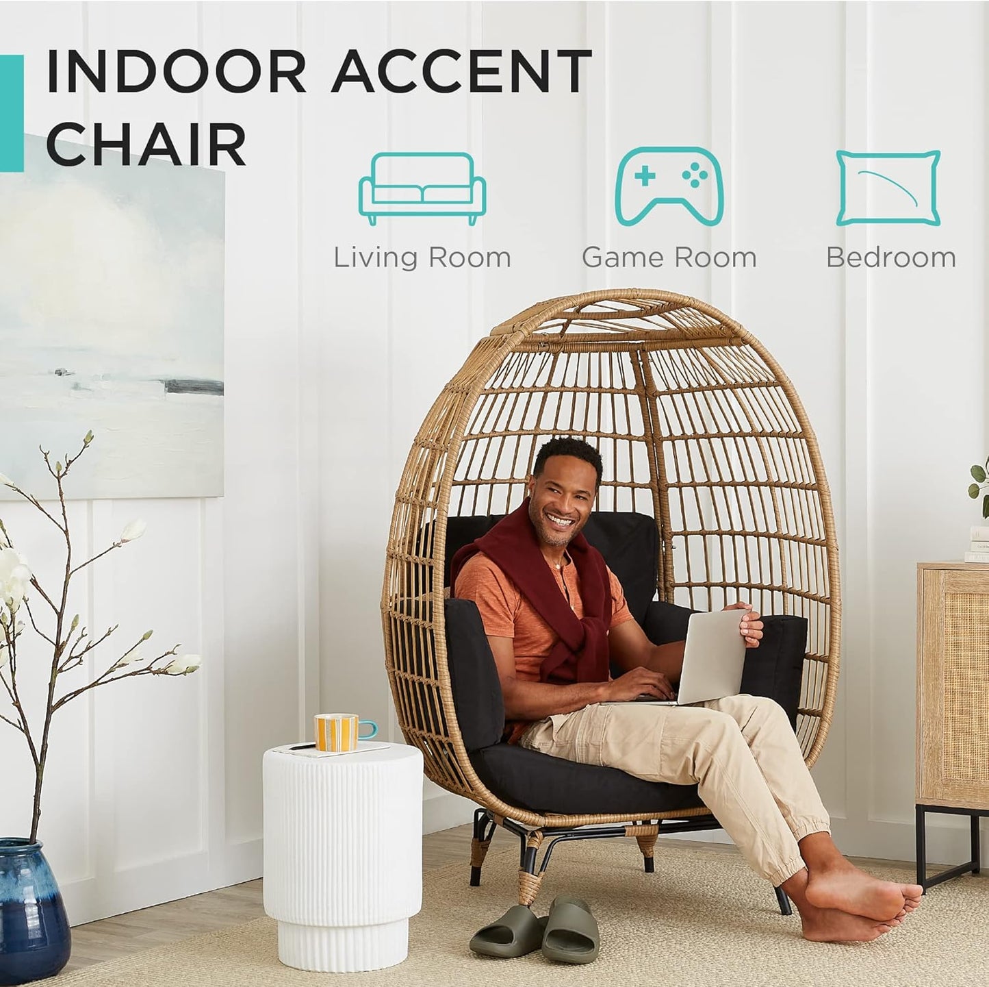 Wicker Egg Chair, Oversized Indoor Outdoor Lounger for Patio, Backyard, Living Room W/ 4 Cushions, Steel Frame, 440Lb Capacity - Black