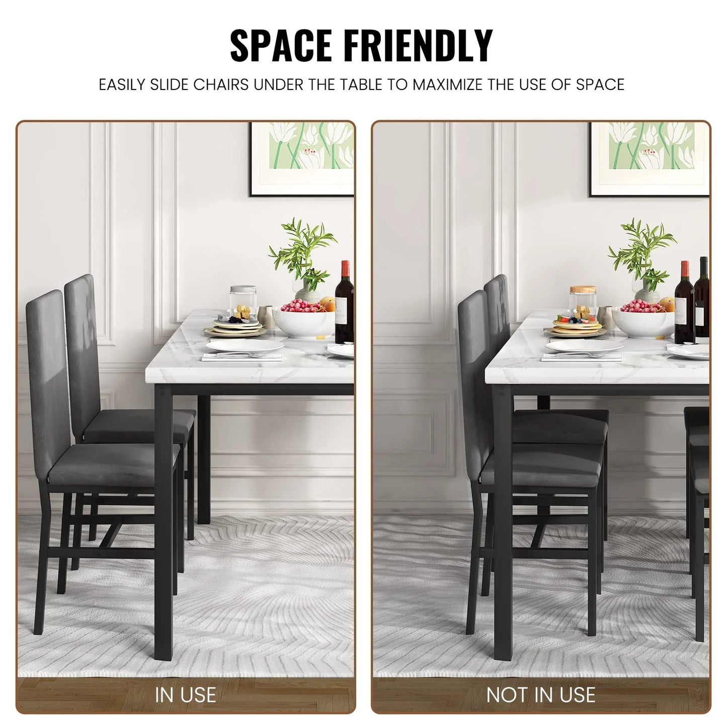 Dining Table Set for 4, 5-Piece Modern Dining Room Table Set with 4 Velvet Chairs, Marble Kitchen Table and Chairs Set, White+Grey