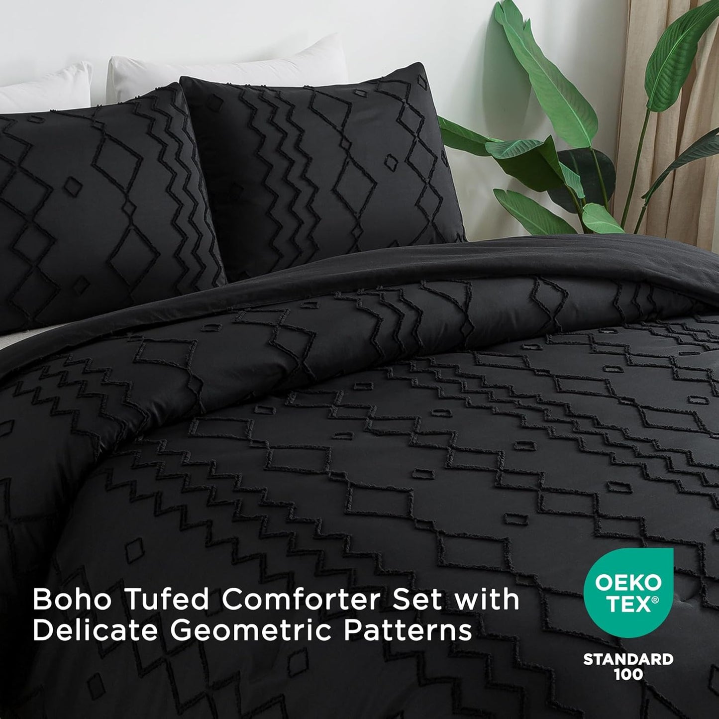 Black Tufted Comforter Set Queen(90X90Inch), 3 Pieces(1 Tufts Comforter, 2 Pillowcases) Boho Textured Farmhouse Bed Set, Microfiber down Alternative Geometric Bedding