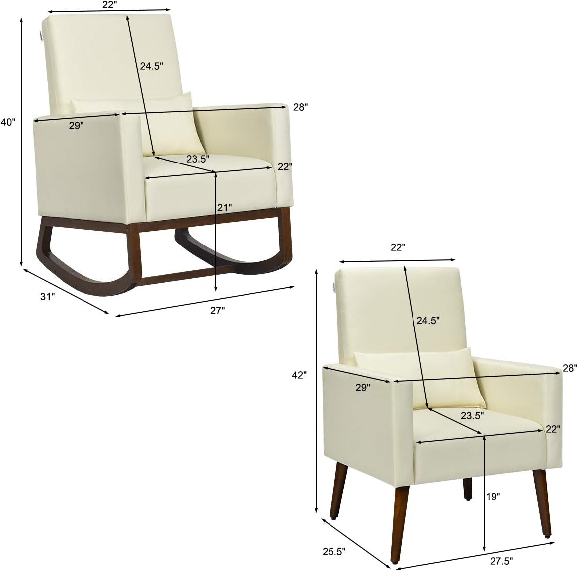 Upholstered Rocking Chair, Modern High Back Armchair, Comfortable Rocker with Fabric Padded Seat, Waist Pillow and Wood Base Accent Chair for Nursery, Living Room, Bedroom, Office, Beige