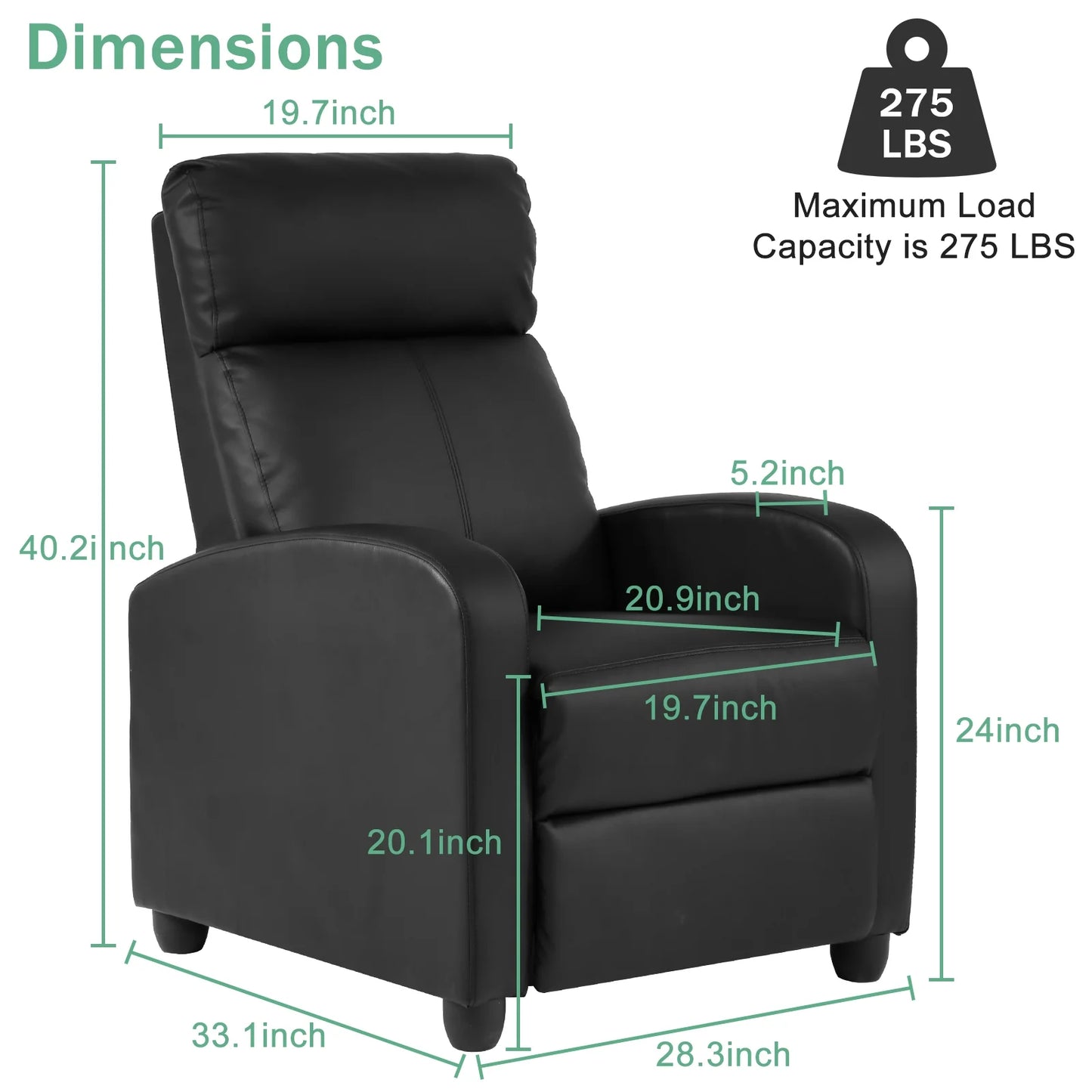 Recliner Chair for Living Room Home Theater Seating Single Reclining Sofa Lounge with Padded Seat Backrest (Black)