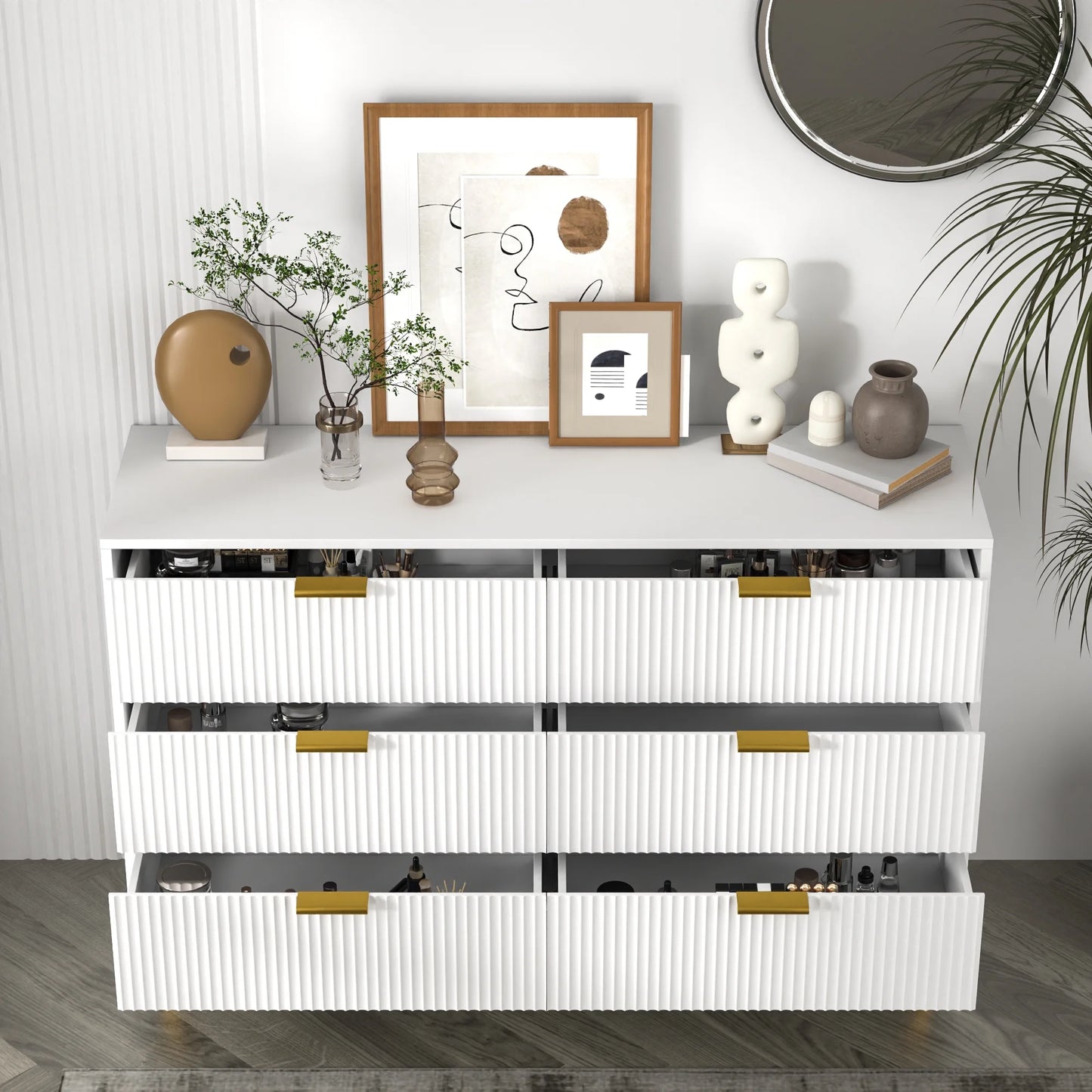 Modern Bedroom Dresser with 6 Drawers, Wood Storage Chest of Drawers with Fluted Panel