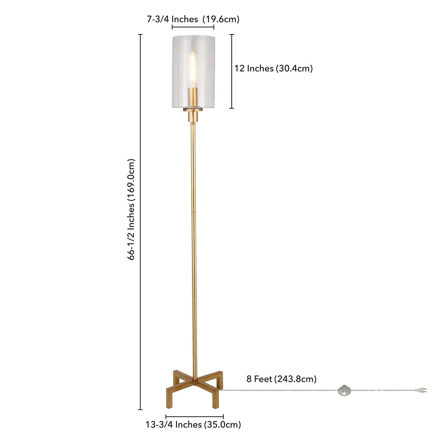 Panos 66.25" Tall Floor Lamp with Glass Shade, Brass/Clear
