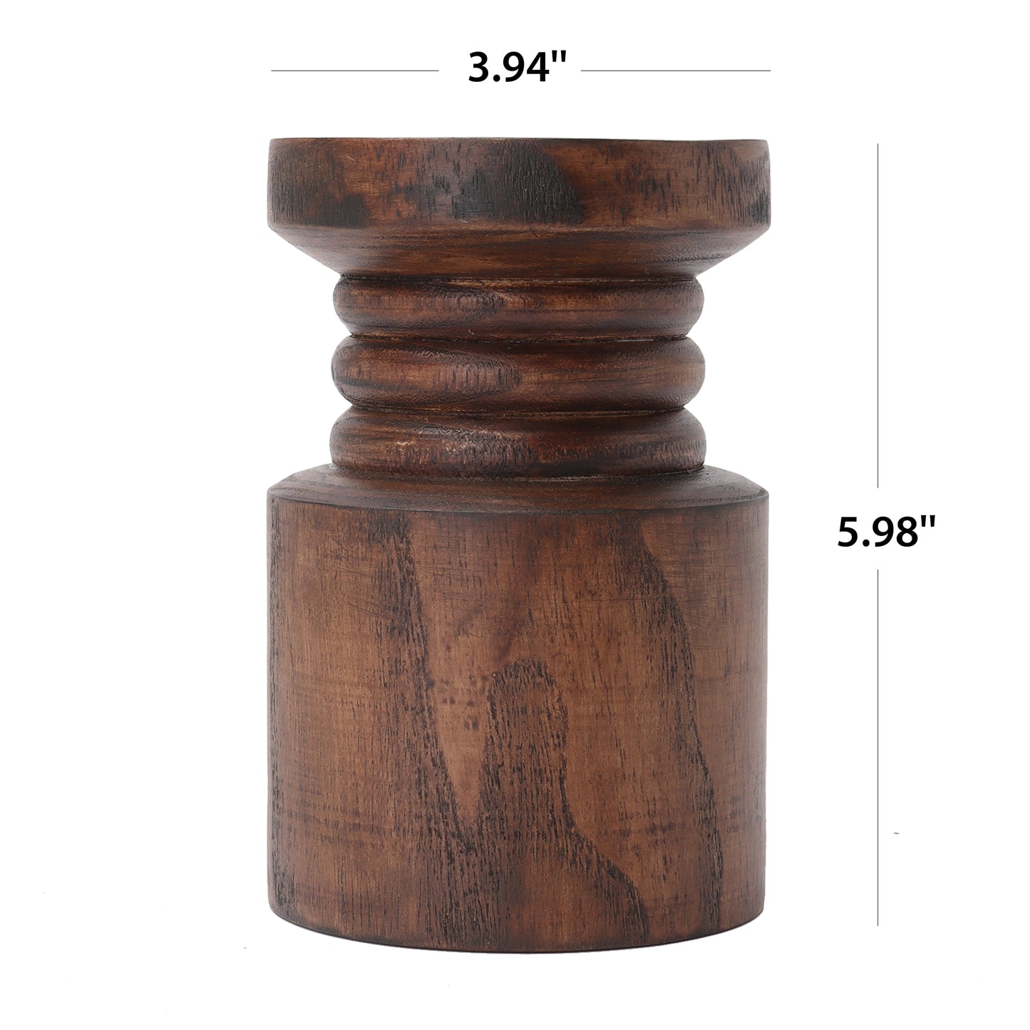 Decorative Wood Pillar Candleholder, Dark Brown, 6"