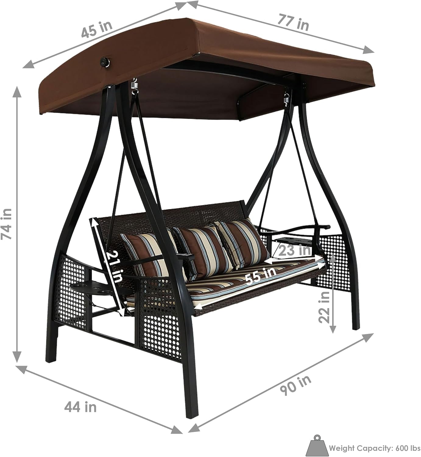3-Seat Patio Swing with Steel Frame and Canopy - 600-Pound Weight Capacity - Brown Stripe Cushions