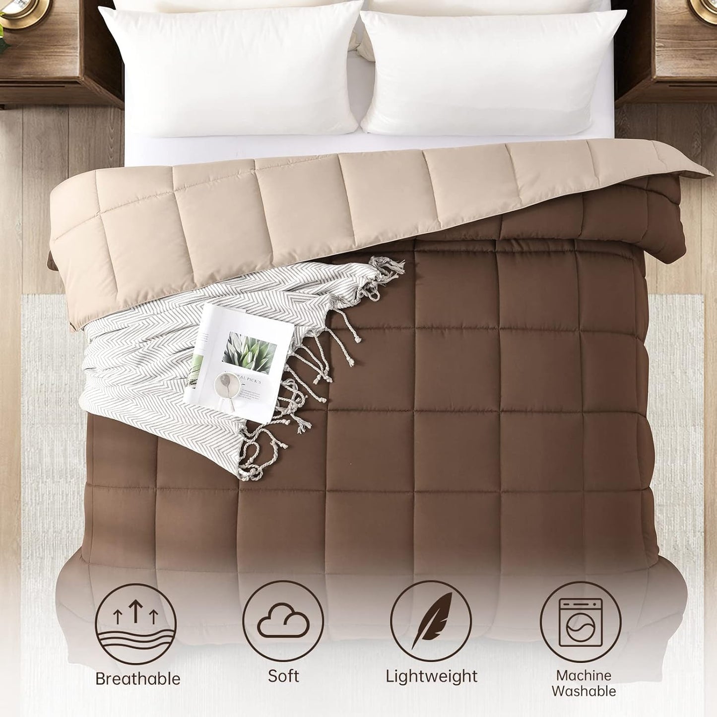 Twin Comforter Duvet Insert - Brown down Alternative Bed Comforter Twin Size, Lightweight Bedding Comforters Quilted Soft All Season Reversible Chocolate Brown/Beige