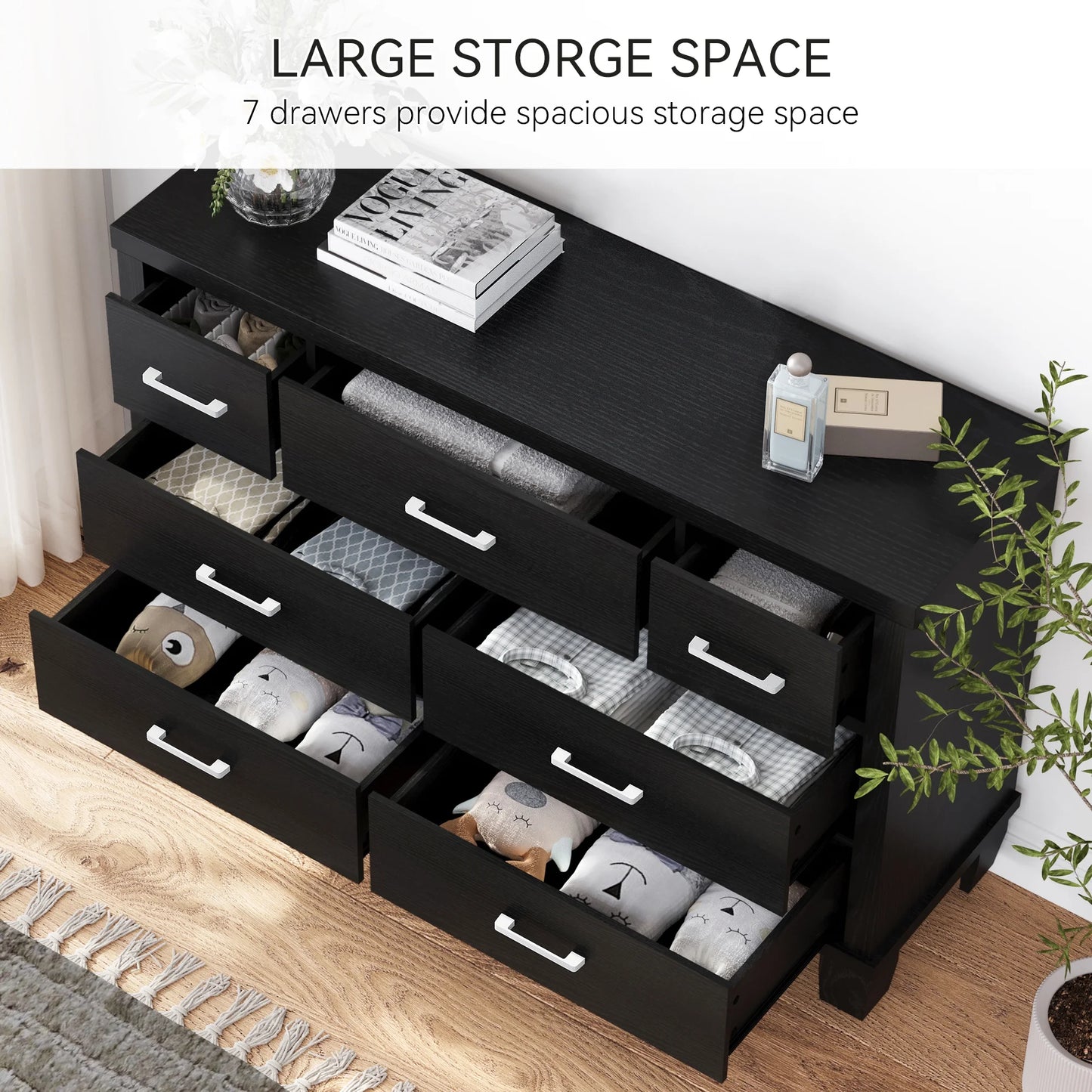 Dresser for Bedroom with 7 Drawers, Storage Drawer Organizer, Tall Chest of Drawers for Closet, Clothes, Kids, Baby, Living Room, Wood Drawers, Black