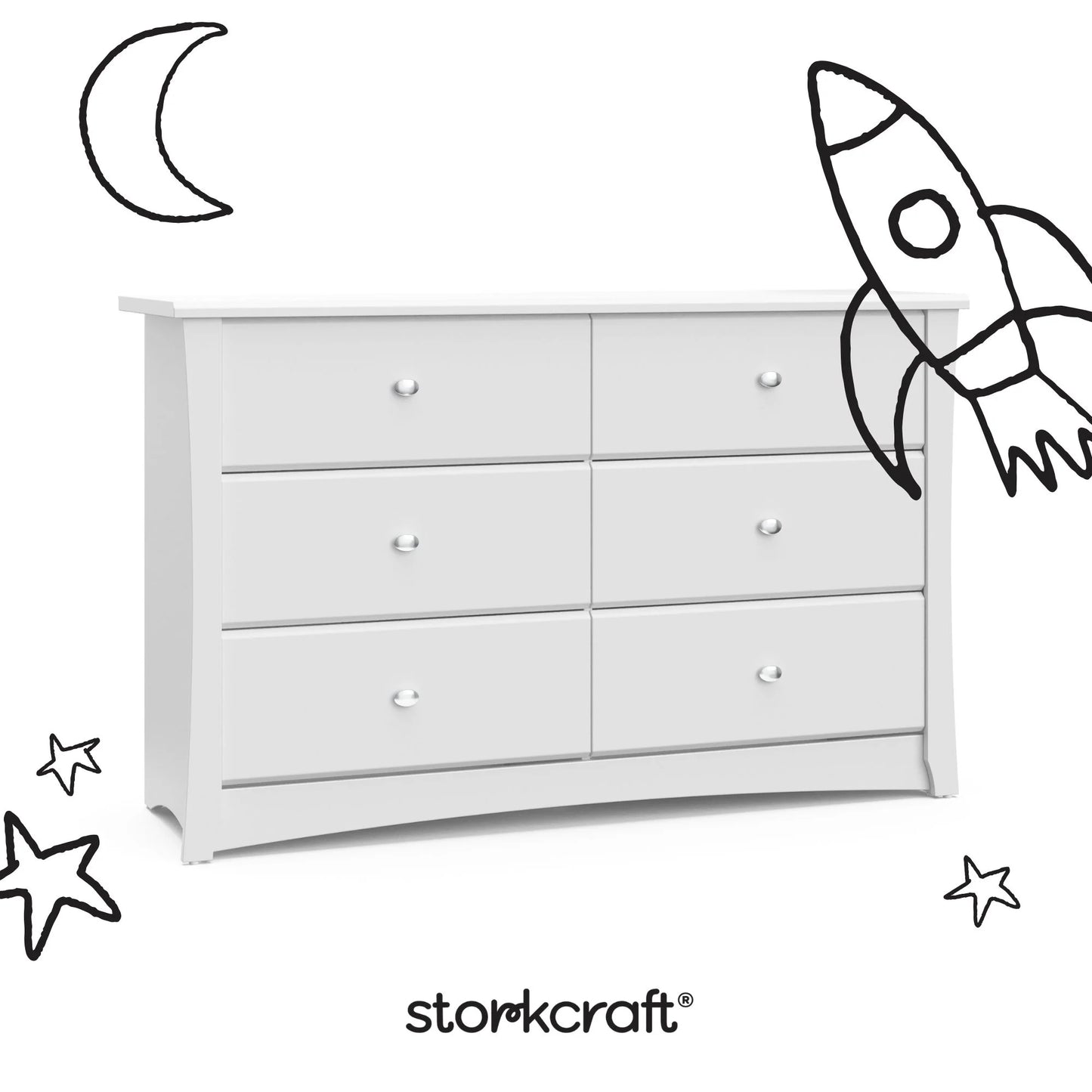 Crescent 6 Drawer Nursery Double Dresser, White
