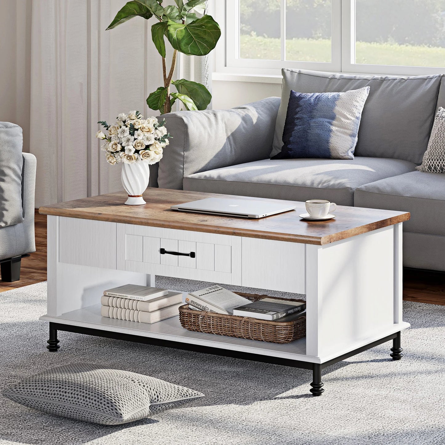 White Coffee Table with Storage Farmhouse Sofa Tea Table