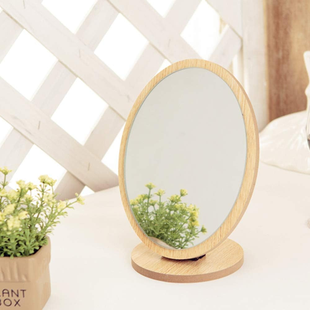 Oval Compact Table Mirror - Wood Framed Desktop Mirror with 90 Degree Rotation for Makeup & Cosmetic
