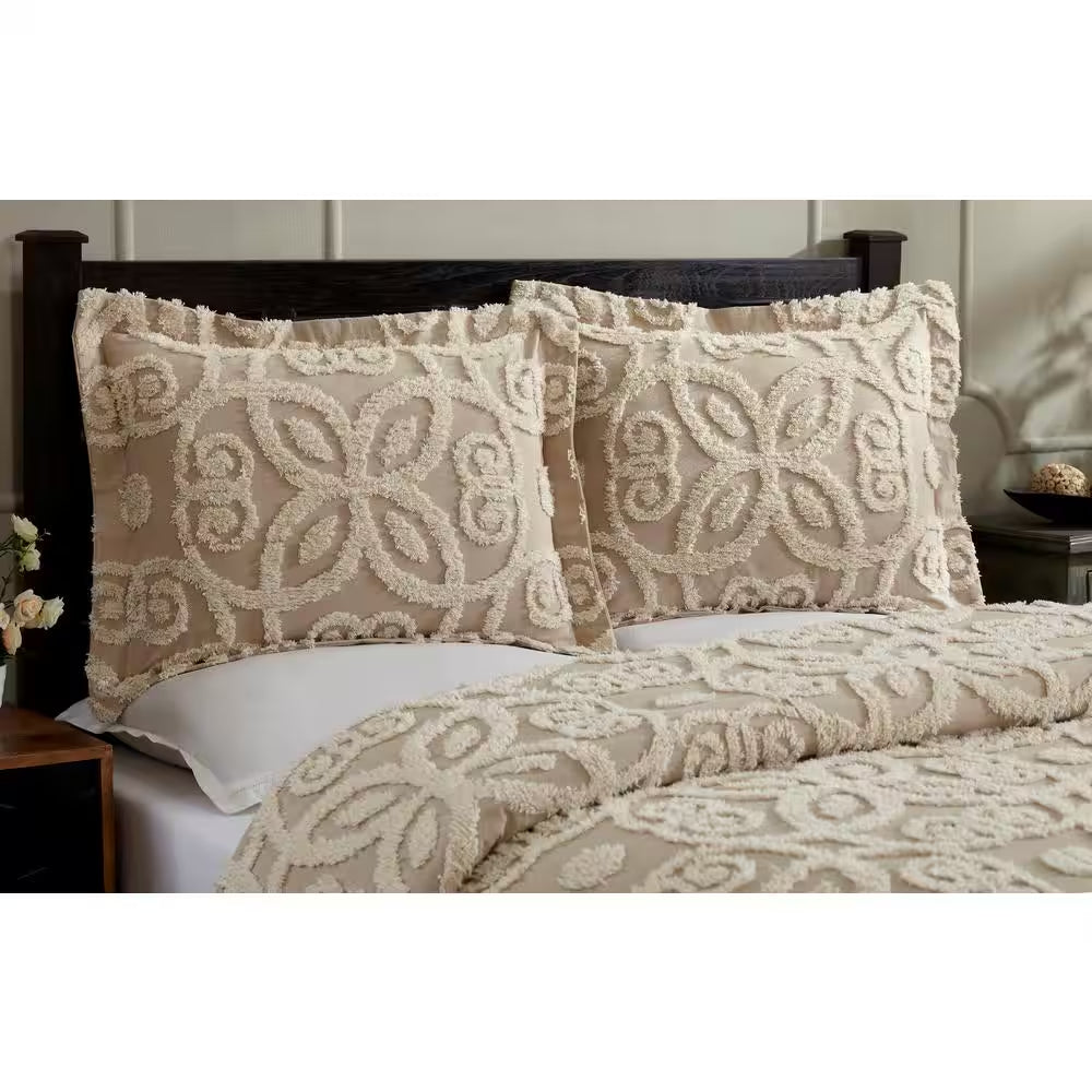 Eden Comforter 2-Piece Floral Design Linen & Ivory Twin 100% Cotton Tufted Chenille Comforter Set