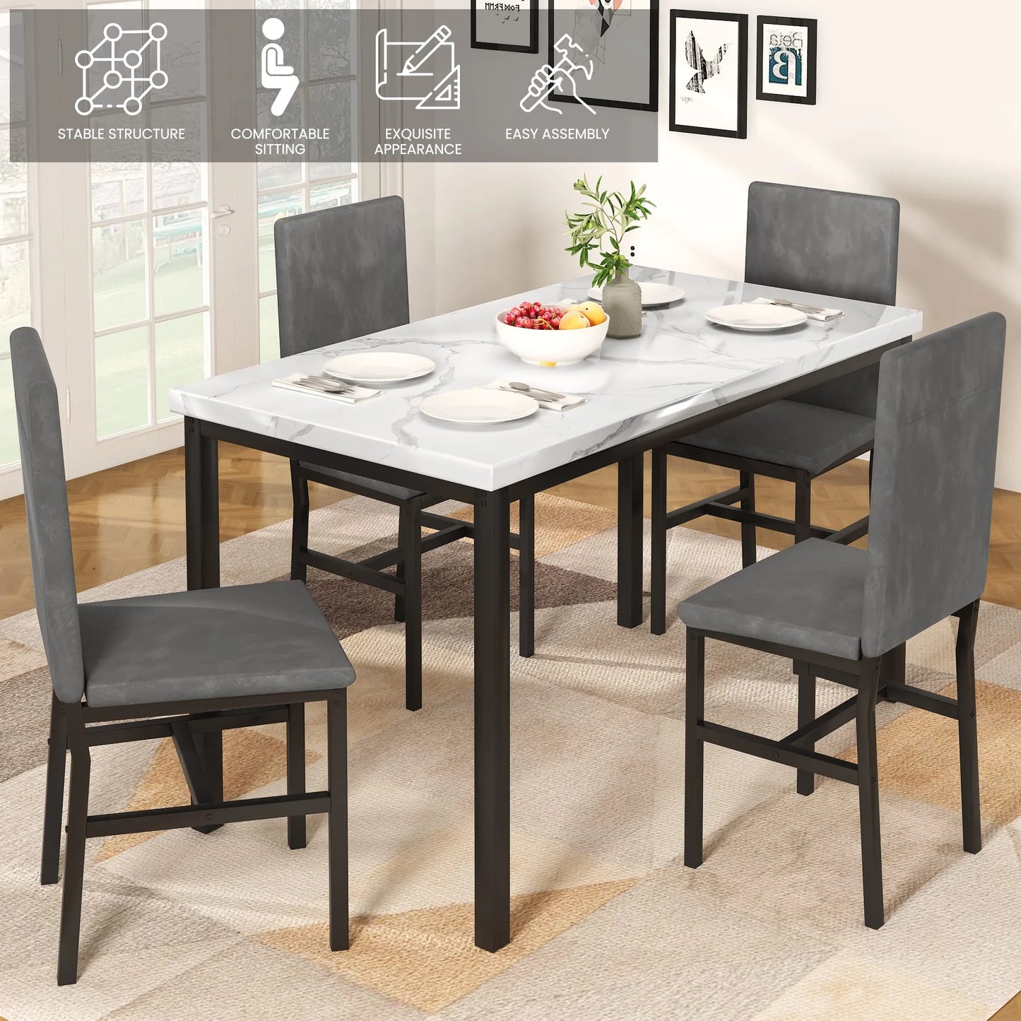 Dining Table Set for 4, 5-Piece Modern Dining Room Table Set with 4 Velvet Chairs, Marble Kitchen Table and Chairs Set, White+Grey