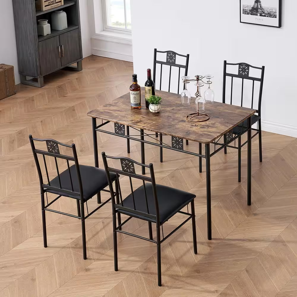5-Piece Dining Table Set Wooden Kitchen Table 1 Table 4 Chairs Metal Legs, Rectangular Dining Table Sets,42.1"L, Brown