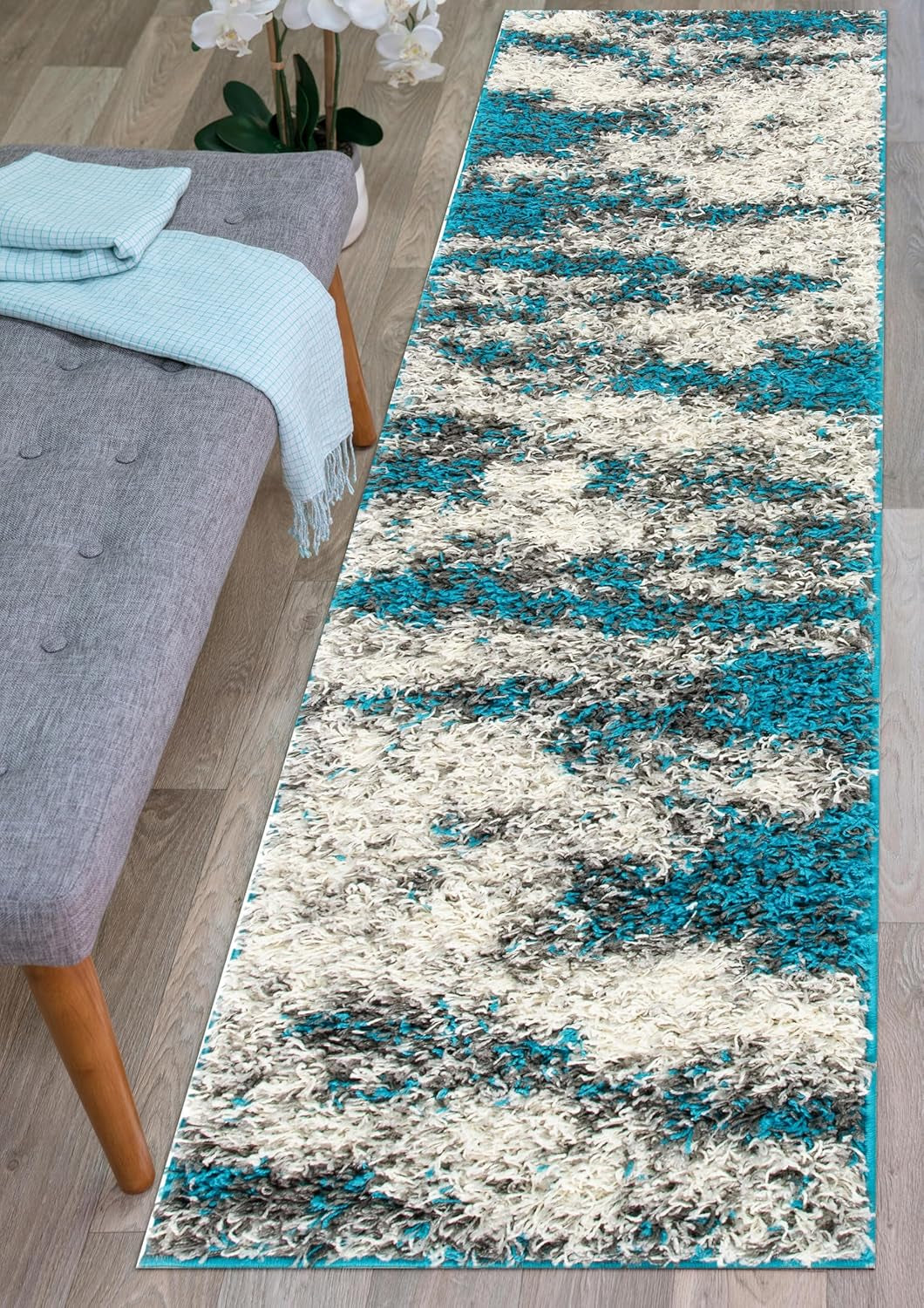 Contemporary Abstract Design Plush Shag Runner Rug 2' X 7' Turquoise