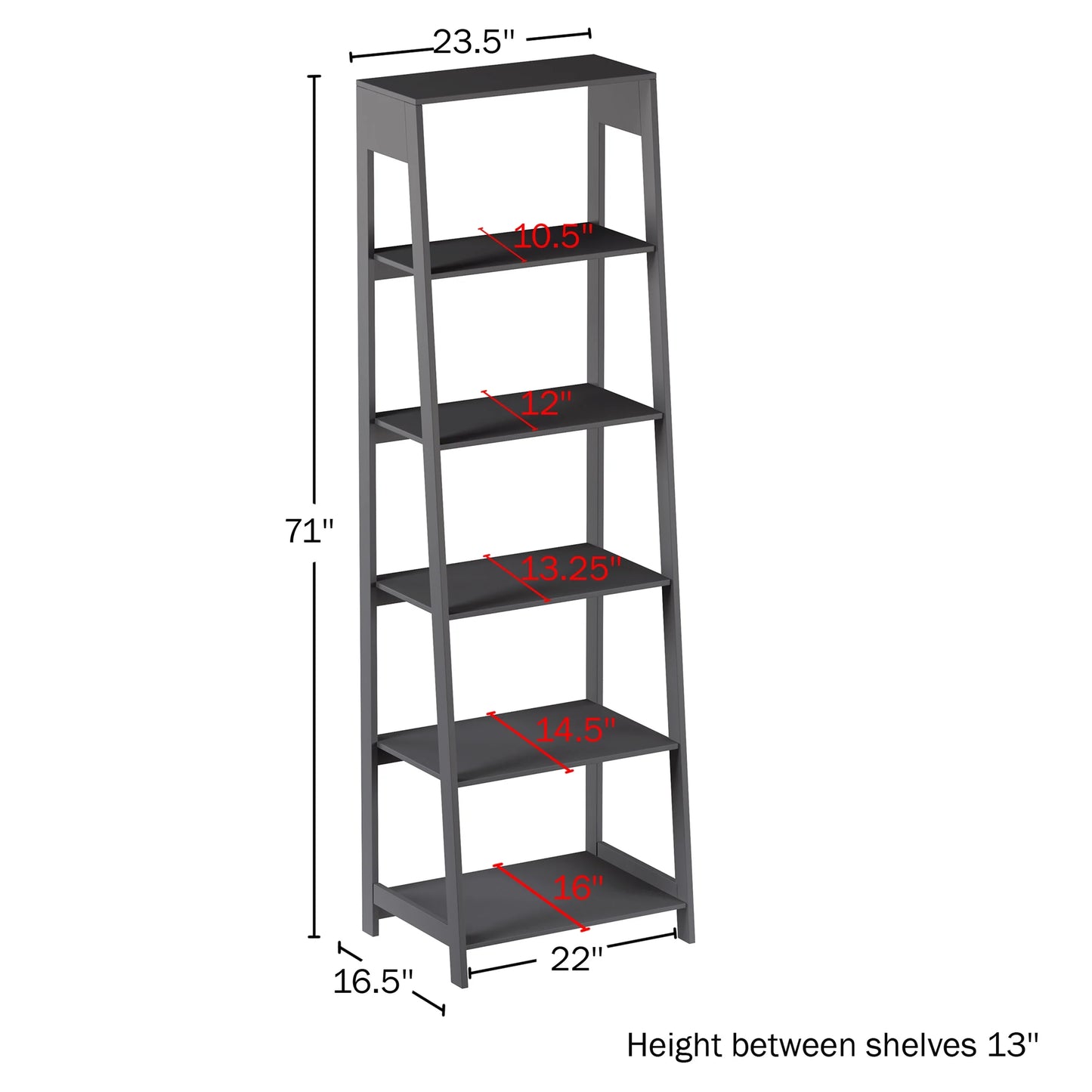 5-Tier Ladder Bookshelf, Leaning Decorative Shelves for Display - Wood Shelf for Living Room, Bathroom, and Kitchen Storage, Gray