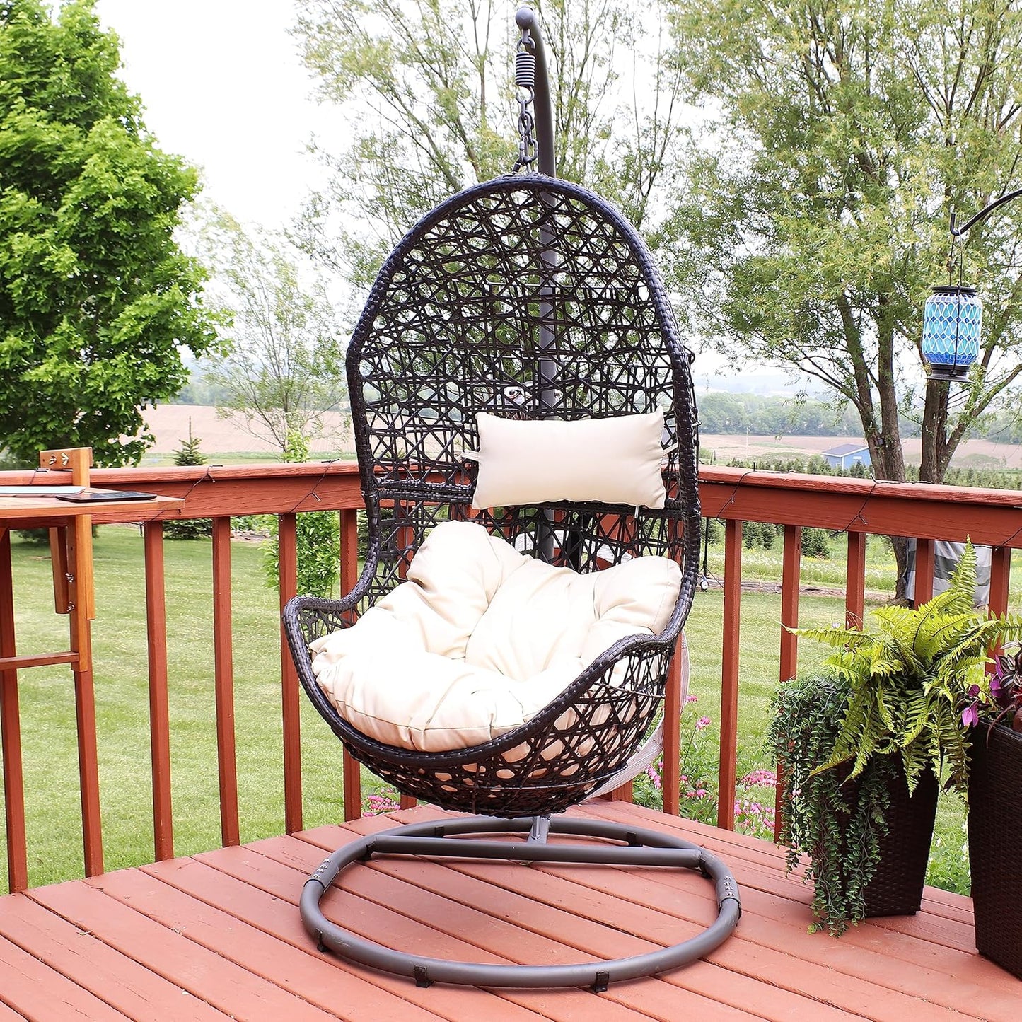 Cordelia Hanging Egg Chair with Steel Stand Set - Resin Wicker Porch Swing - Includes Beige Cushion and Headrest