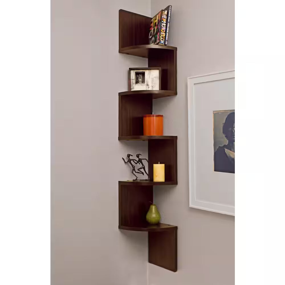Zig Zag 7.75 in W X 7.75 In. D Floating Laminate Corner Wall Decorative Shelf in Walnut Finish