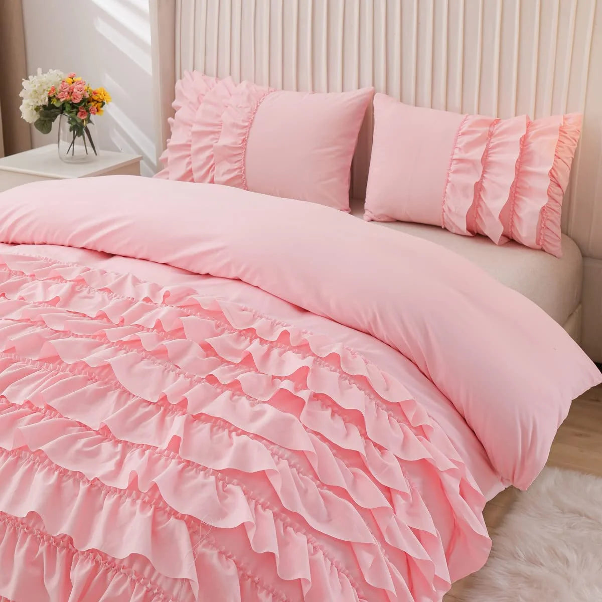 Ruffled Twin Comforter Set Casual Textured Chic Princess Bedding Set Pink