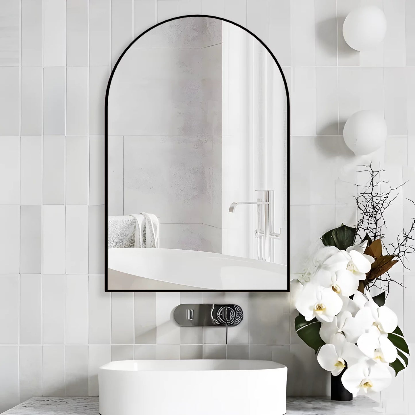 Wall Mounted Mirror, 20"X30" Arch Bathroom Mirror Has Metal Frame, 2 Pieces Black Decor for Mantle, Entryway