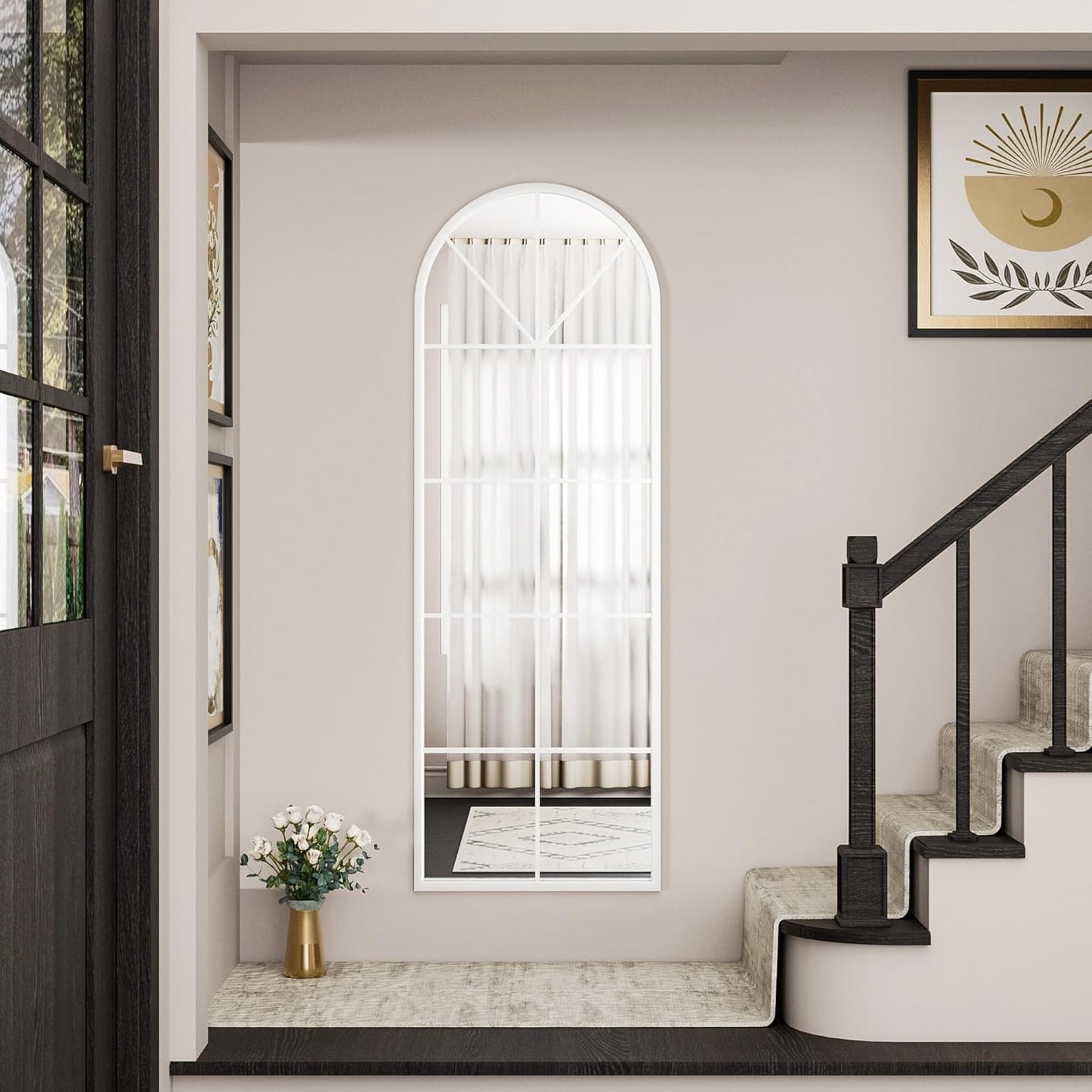 Full Length Arched Floor Mirror, 65"X22" Window Pane Design, Decorative Hanging or Leaning, Full Body with Iron Frame for Bedroom Living Room (White)