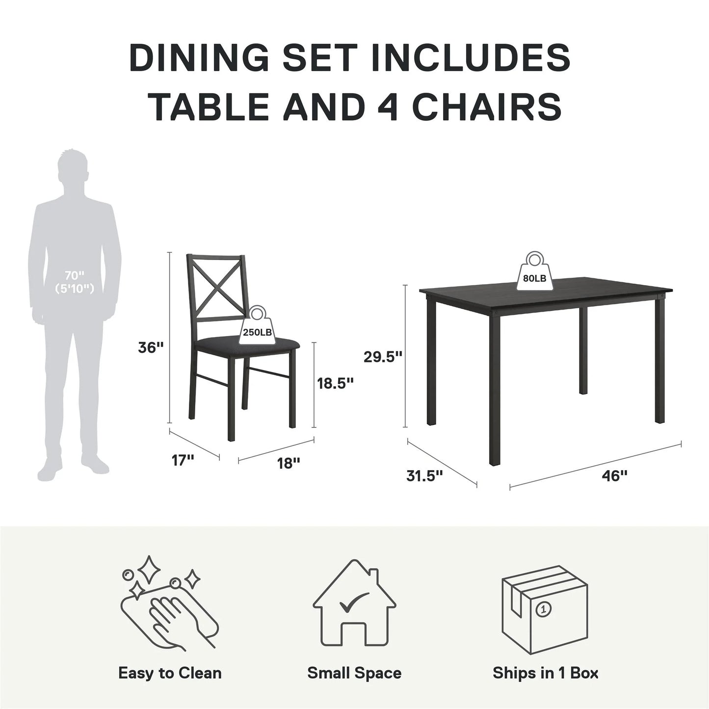 5-Piece Dining Table and Chair Set for 4, Black