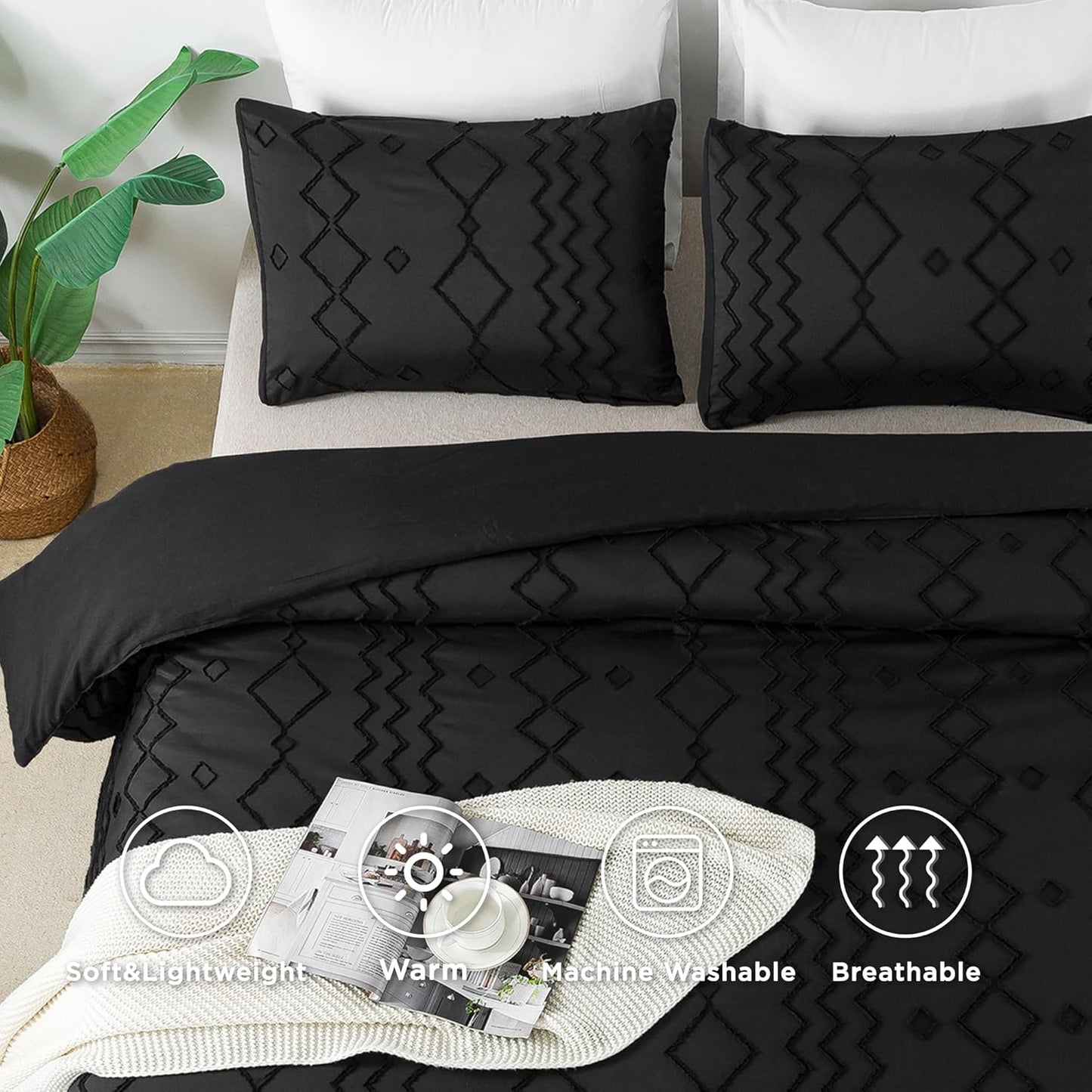 Black Tufted Comforter Set Queen(90X90Inch), 3 Pieces(1 Tufts Comforter, 2 Pillowcases) Boho Textured Farmhouse Bed Set, Microfiber down Alternative Geometric Bedding