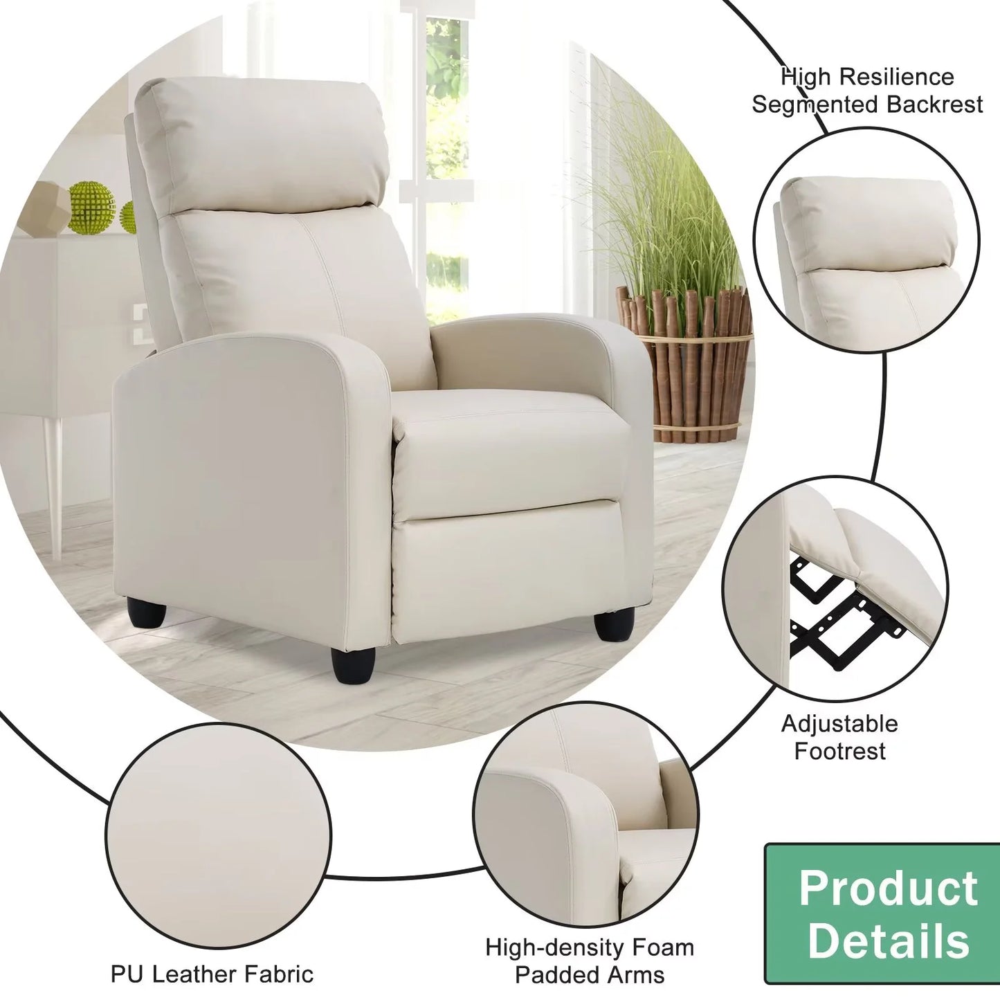 Recliner Chair for Living Room Home Theater Seating Single Reclining Sofa Lounge with Padded Seat Backrest (Beige)