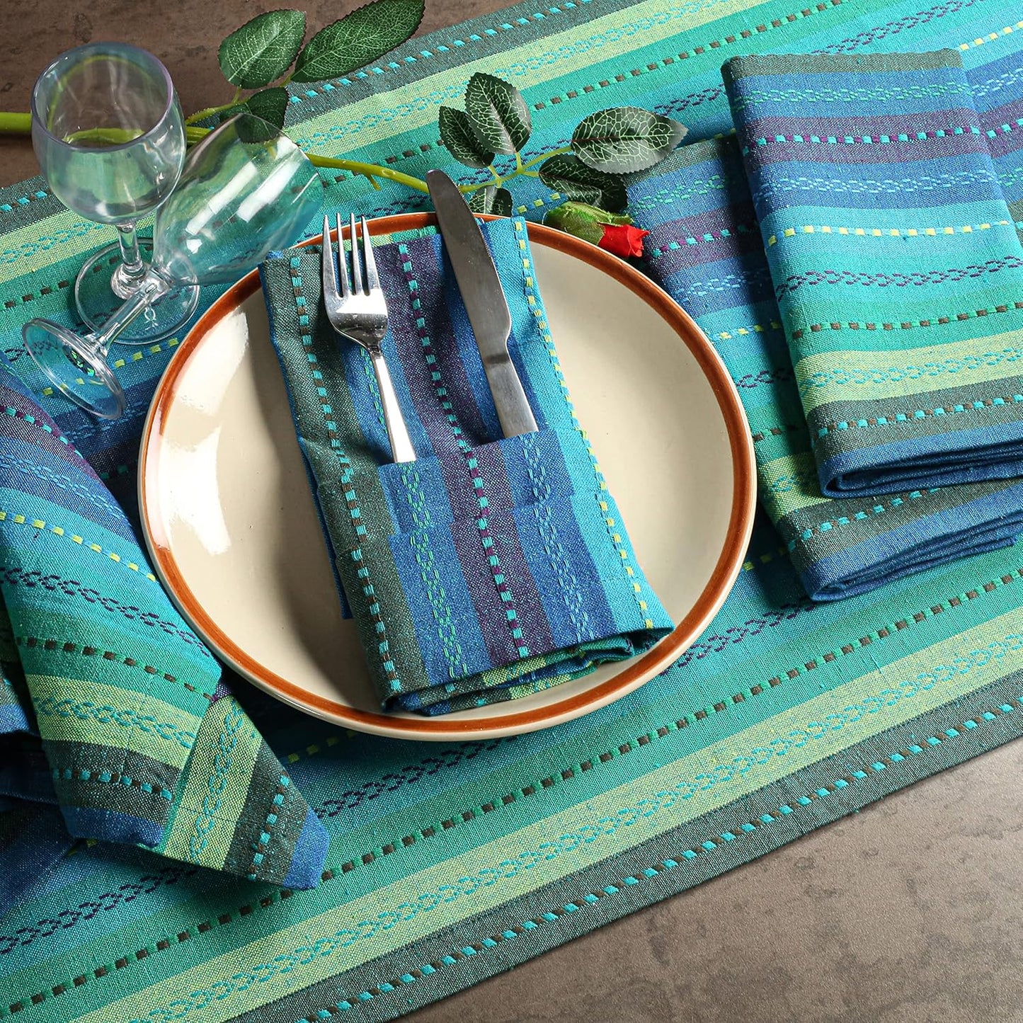 Lightnpro Salsa Stripes Cloth Napkins Set of 12 – Wedding, Christmas & Holiday Table Napkins, Machine Washable Cloth Napkins for Special Occasions & Everyday Use - 18X18 Inch Teal Multi