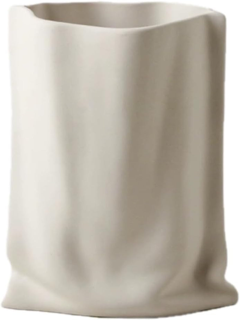 Creative Fold Paper Bag Ceramic Vase Handmade Ceramic Vase Living Room Bedroom Model Room Flower Arrangement Ornaments Jewelry (White)