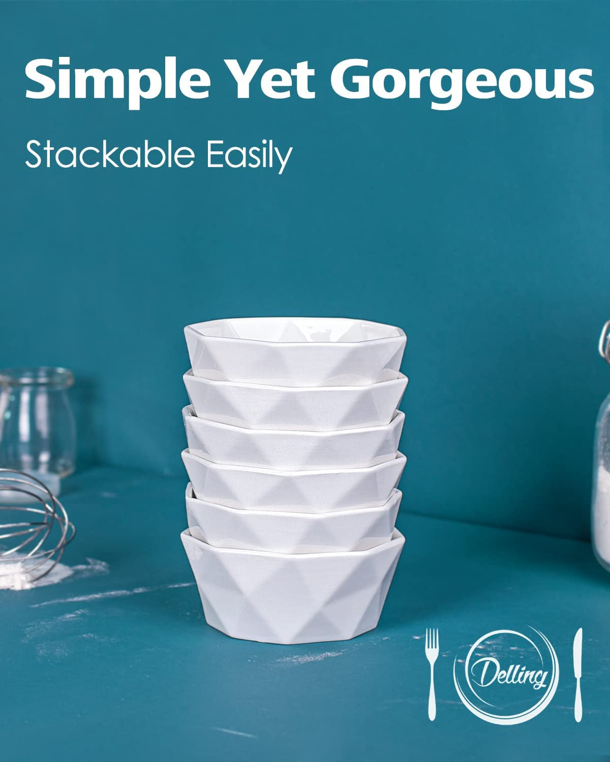 Ramekins 8 Oz, Creme Brulee Ramekins, Porcelain Ramekins Oven Safe, Geometric Style Ramekins for Baking Souffle, Ice Cream, Snack, Charcuterie Bowls, Set of 6, White