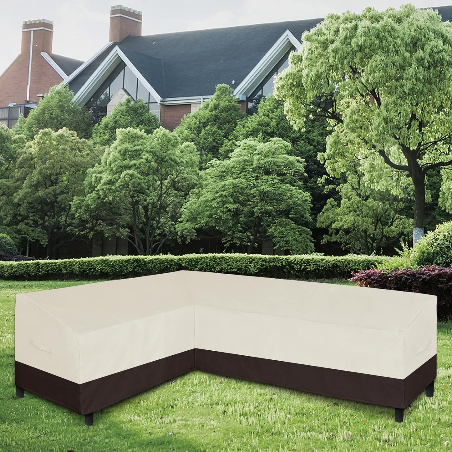 Patio L-Shaped Sectional Sofa Cover, Waterproof Outdoor Sectional Cover, Heavy Duty Garden Furniture Cover with Air Vent (Left Facing, Beige/Dark Brown)