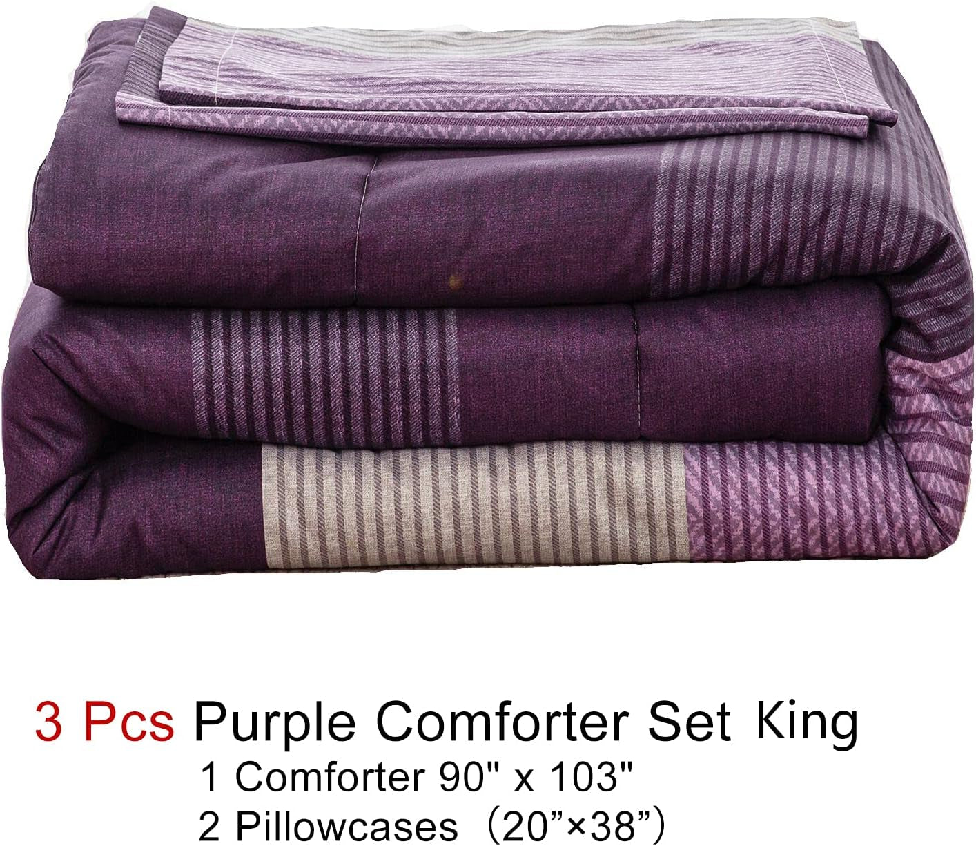 Purple Comforter Sets King, Reversible Striped Patchwork down Alternative Comforter for King Bed,3 Pieces (1Comforter+2 Pillowcase), Soft Microfiber Bedding Duvet Insert Set 104”×90”