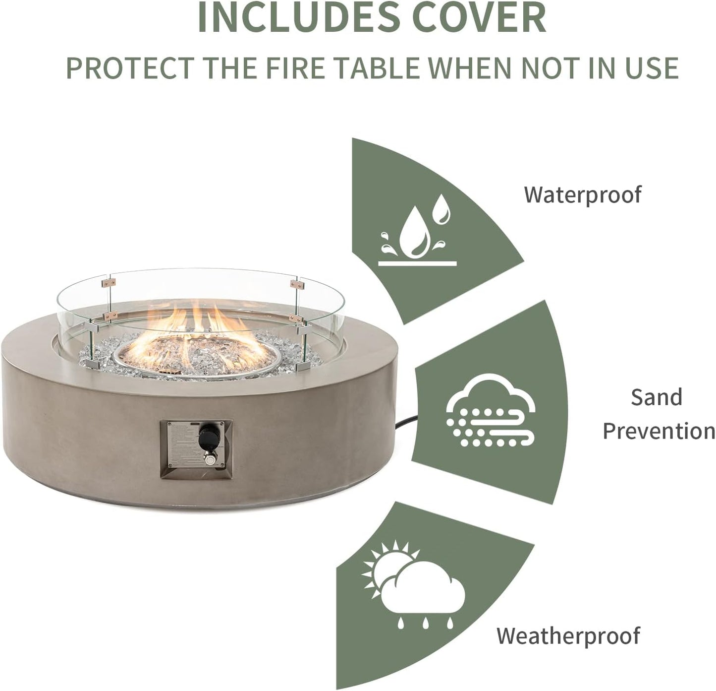 Outdoor Propane Fire Pit Coffee Table W Gray 42 Inch round Base Patio Heater, CSA Certified, 50,000 BTU Stainless Steel Burner, Wind Guard, Transparent Gray Fire Glass, Rain Cover