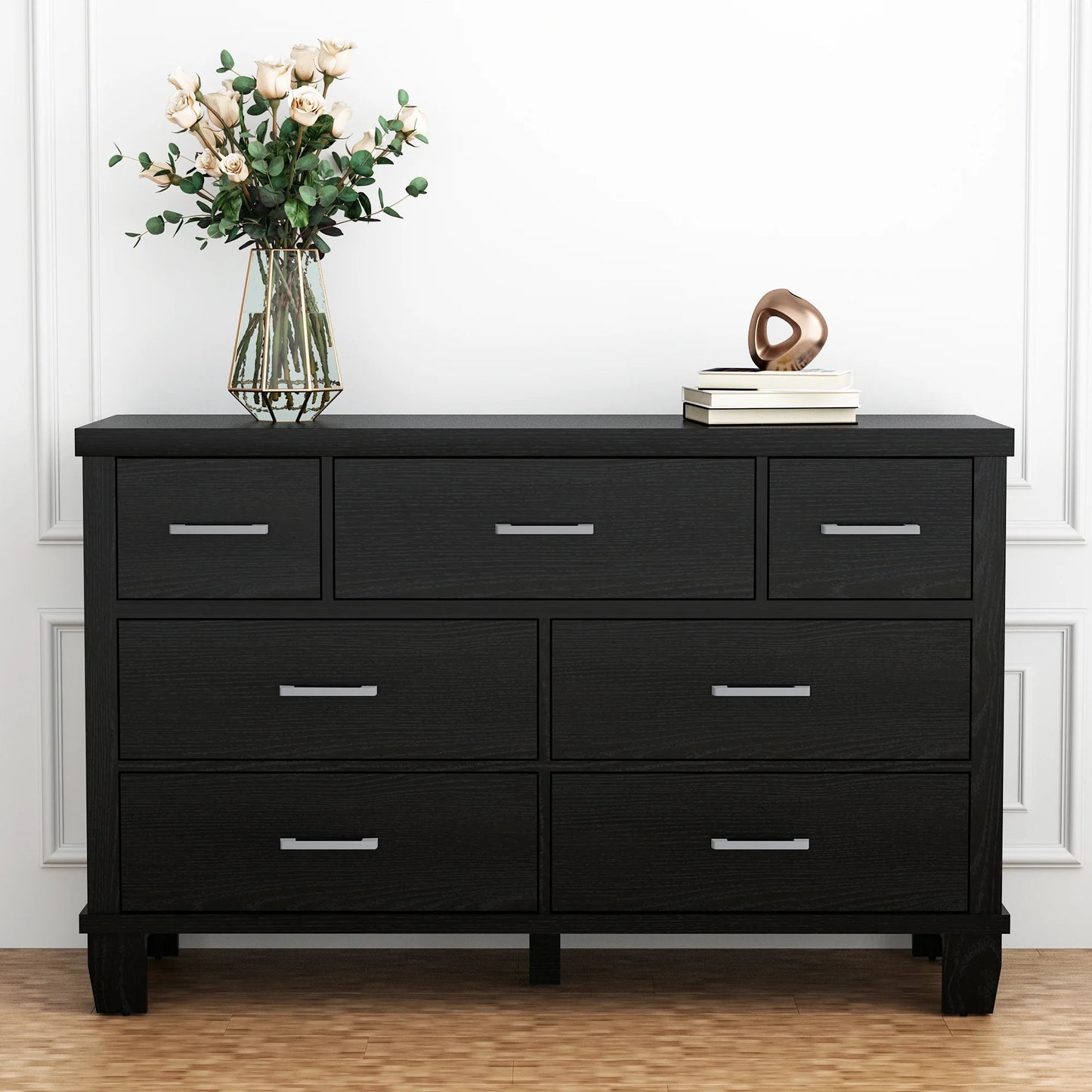 Dresser for Bedroom with 7 Drawers, Storage Drawer Organizer, Tall Chest of Drawers for Closet, Clothes, Kids, Baby, Living Room, Wood Drawers, Black