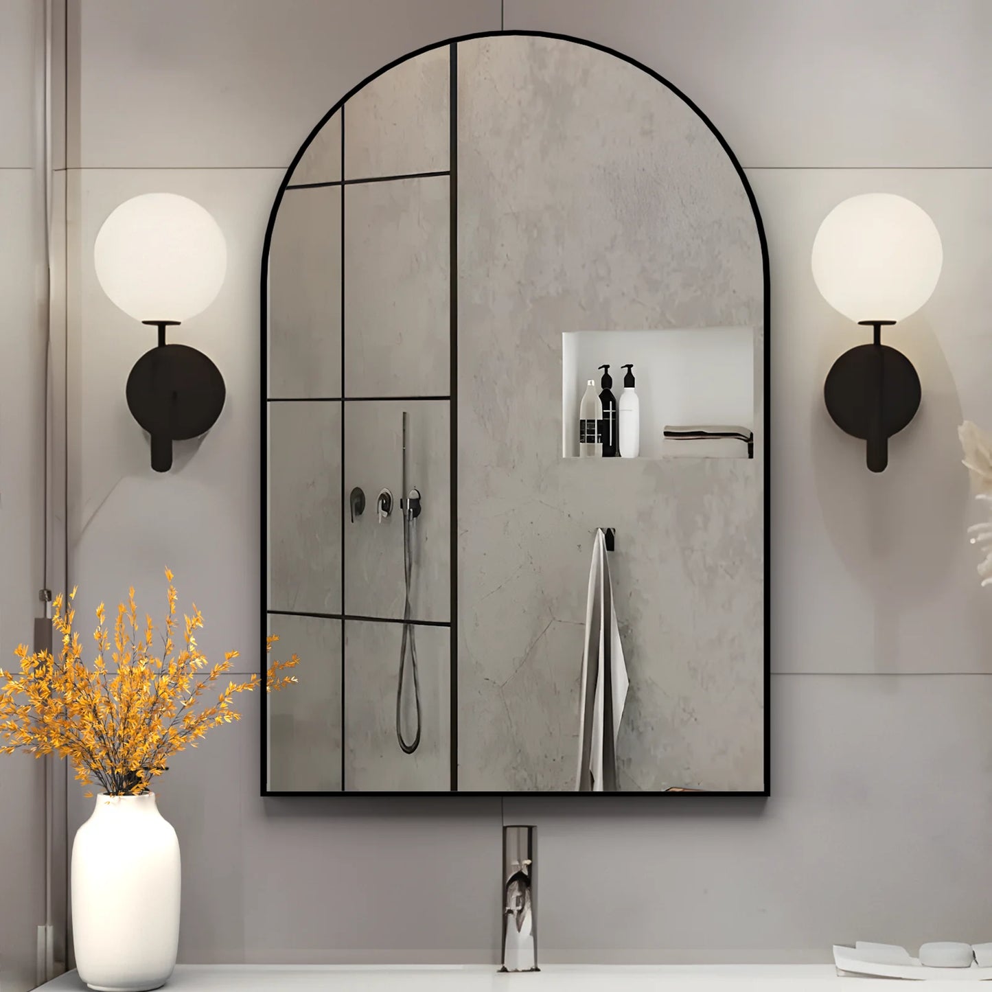 Wall Mounted Mirror, 20"X30" Arch Bathroom Mirror Has Metal Frame, 2 Pieces Black Decor for Mantle, Entryway