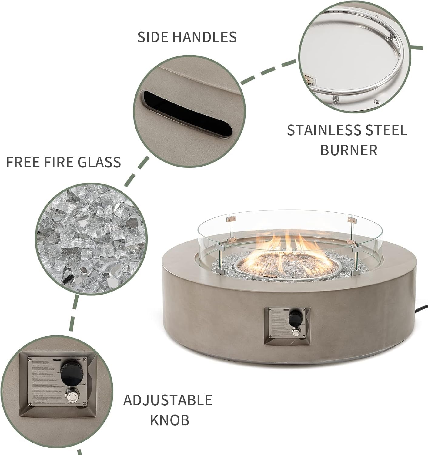 Outdoor Propane Fire Pit Coffee Table W Gray 42 Inch round Base Patio Heater, CSA Certified, 50,000 BTU Stainless Steel Burner, Wind Guard, Transparent Gray Fire Glass, Rain Cover