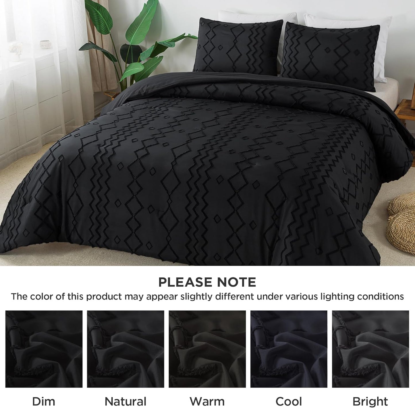 Black Tufted Comforter Set Queen(90X90Inch), 3 Pieces(1 Tufts Comforter, 2 Pillowcases) Boho Textured Farmhouse Bed Set, Microfiber down Alternative Geometric Bedding