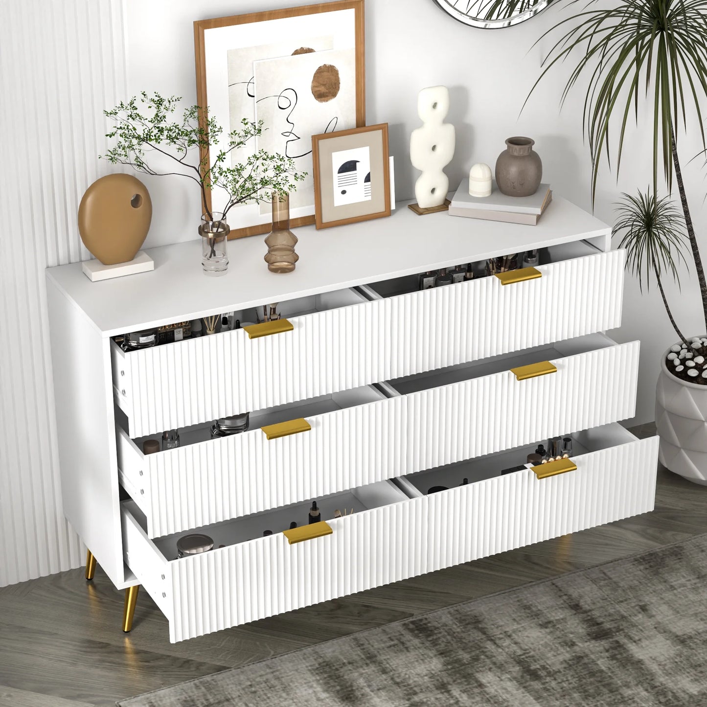 Modern Bedroom Dresser with 6 Drawers, Wood Storage Chest of Drawers with Fluted Panel