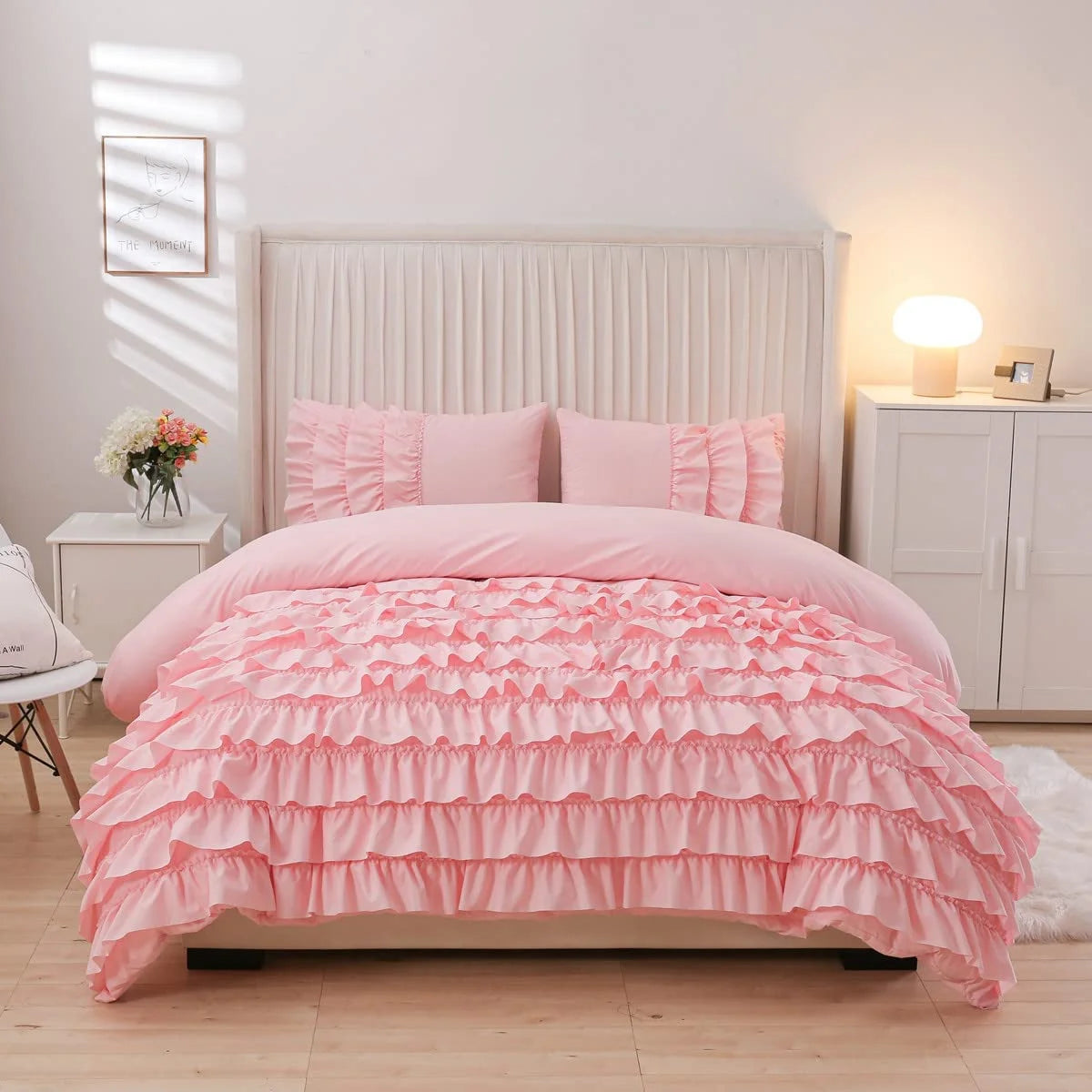 Ruffled Twin Comforter Set Casual Textured Chic Princess Bedding Set Pink