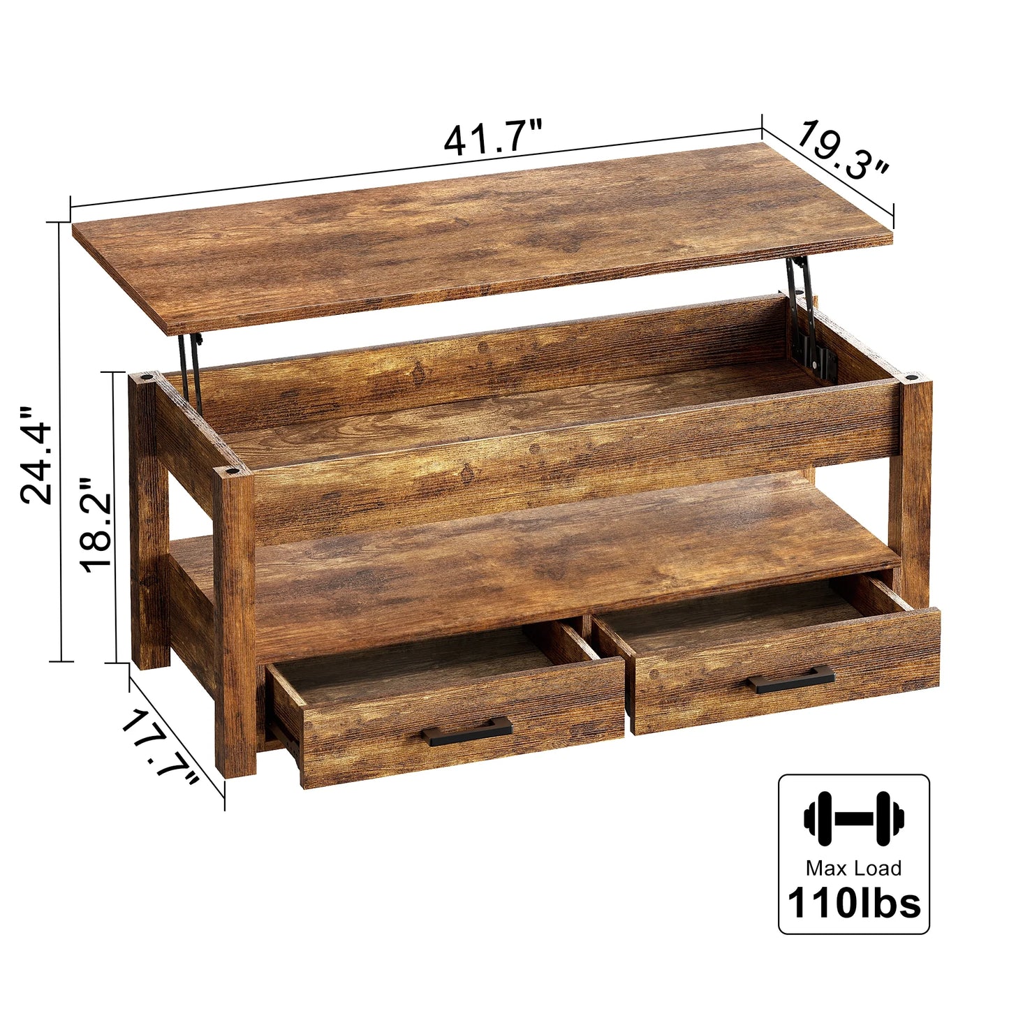GUNAITO Lift Top Coffee Table with 2 Drawers,Wooden Convertible Coffee Table with Storage for Living Room,Center Table,Brown,42"