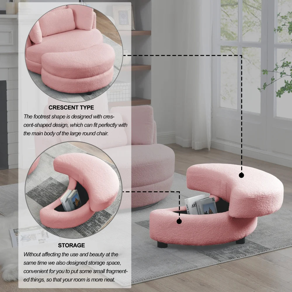 Swivel Barrel Chair, Oversized Swivel Chair with Moon Storage Ottoman Modern Upholstered Accent Chair, round Swivel Barrel Chair with 4 Pillows Leisure Sofa Chair Lounger Armchair for Living Roopink