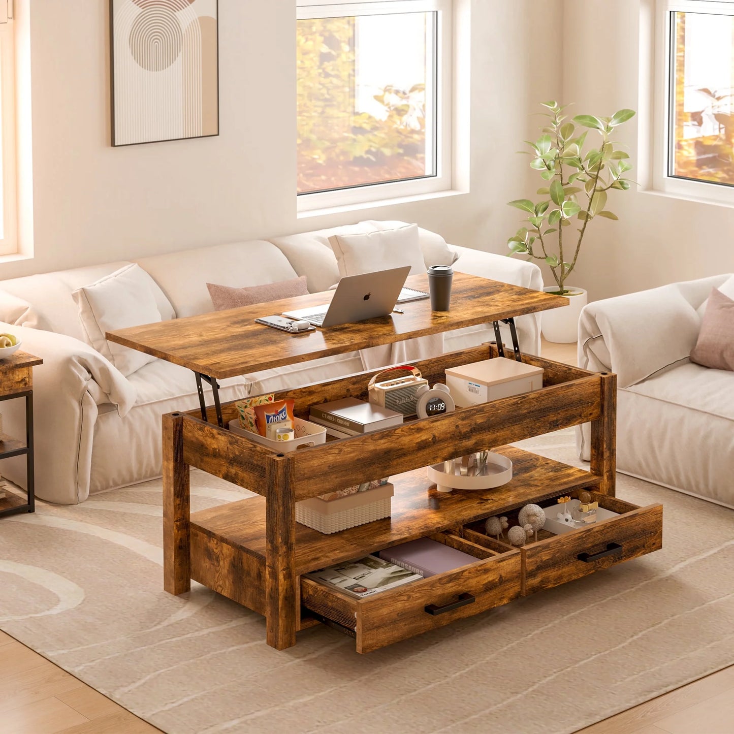 GUNAITO Lift Top Coffee Table with 2 Drawers,Wooden Convertible Coffee Table with Storage for Living Room,Center Table,Brown,42"