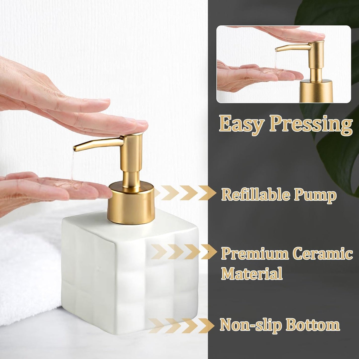 Hand Soap Dispenser Dish Cube Soap Dispenser Countertop 7.44 FL OZ. /220 ML Hand Lotion Pump Bottle Ceramic Lotion Container Liquid Hand Soap Jar Shower Dispenser Kitchen Bathroom Décor (White)