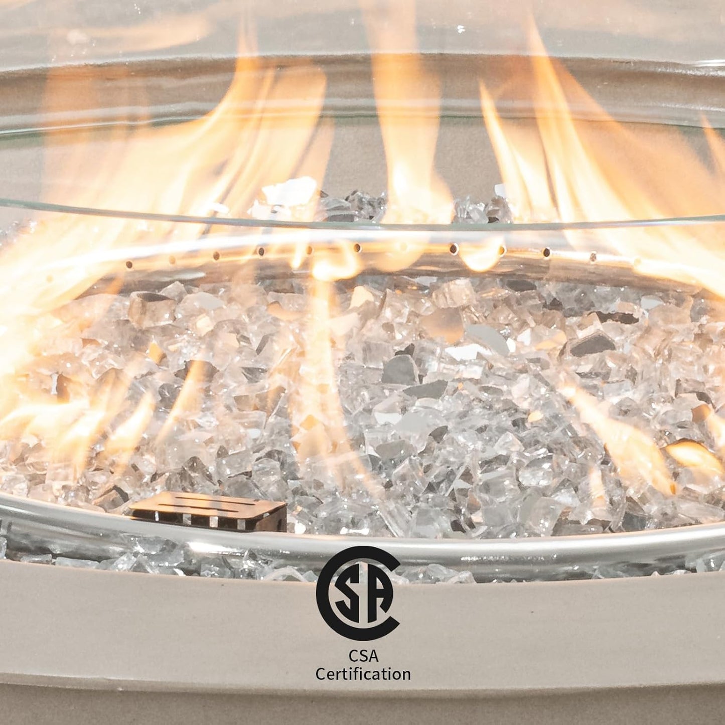 Outdoor Propane Fire Pit Coffee Table W Gray 42 Inch round Base Patio Heater, CSA Certified, 50,000 BTU Stainless Steel Burner, Wind Guard, Transparent Gray Fire Glass, Rain Cover