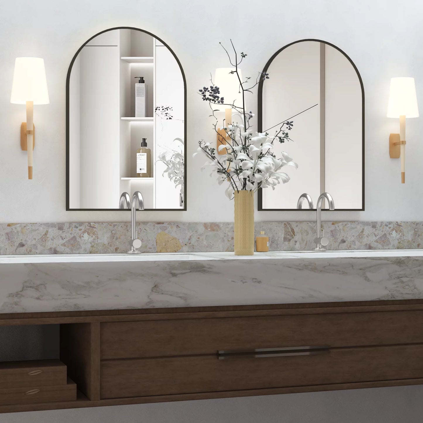 Wall Mounted Mirror, 20"X30" Arch Bathroom Mirror Has Metal Frame, 2 Pieces Black Decor for Mantle, Entryway