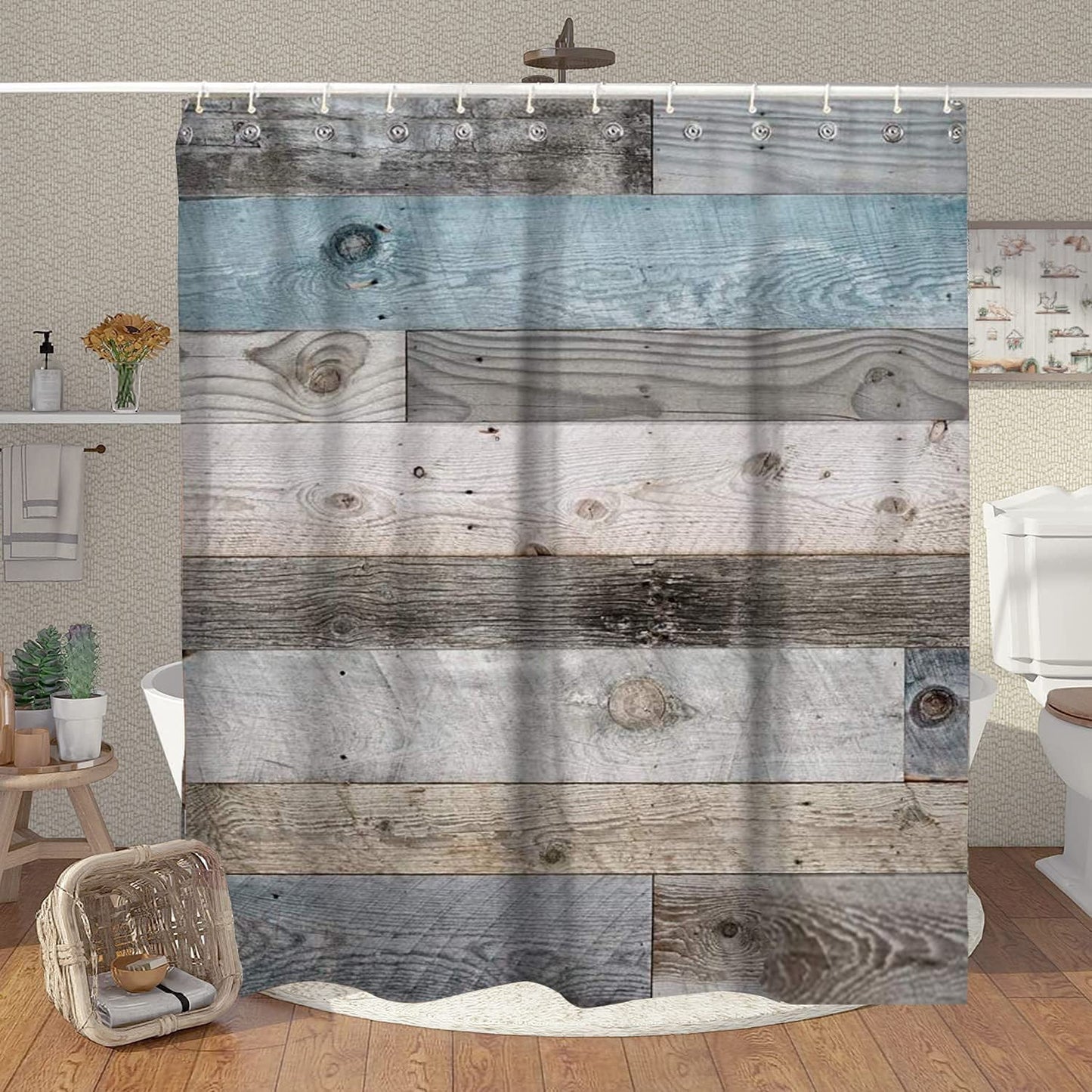 Rustic Shower Curtain,Blue Fabric Shower Curtain for Bathroom,Farmhouse Shower Curtain,Blue Grey Wood Barn Door Country Shower Curtain,60X71In